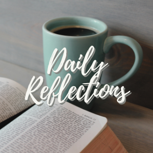 A light blue mug filled with black coffee, placed next to an open book on a wooden surface. Text overlay reads 'Daily Reflections' in white cursive font.