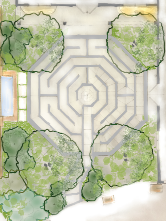 A top-down view of a garden layout with paved pathways forming a symmetrical design, surrounded by four large trees with lush green foliage.
