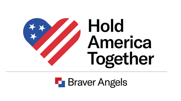 A logo with a heart combining elements of the American flag, alongside the text "Hold America Together" and the Braver Angels organization name and logo.