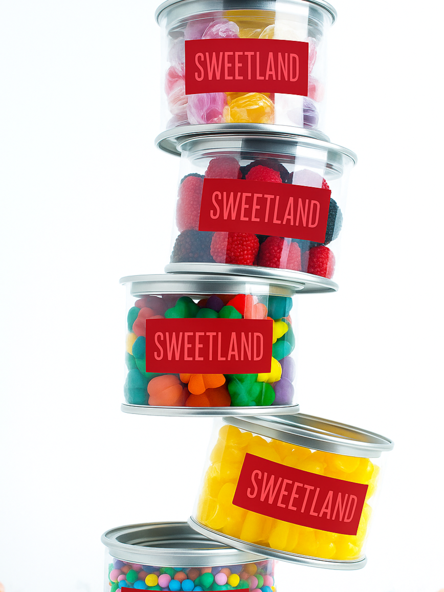 Stacked transparent containers filled with colorful candies, each labeled with a red sticker that says 'SWEETLAND'. custom logo candy gifting miami