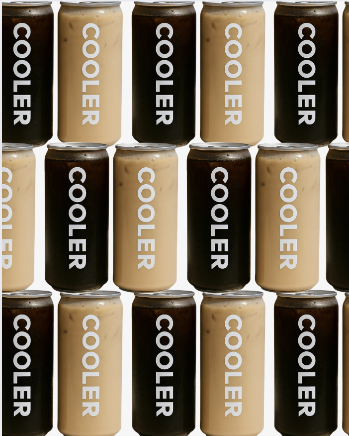 A pattern of cans with alternating black and beige colors, each labeled. custom branded drinks. coffee drinks with logo for brand event activation miami