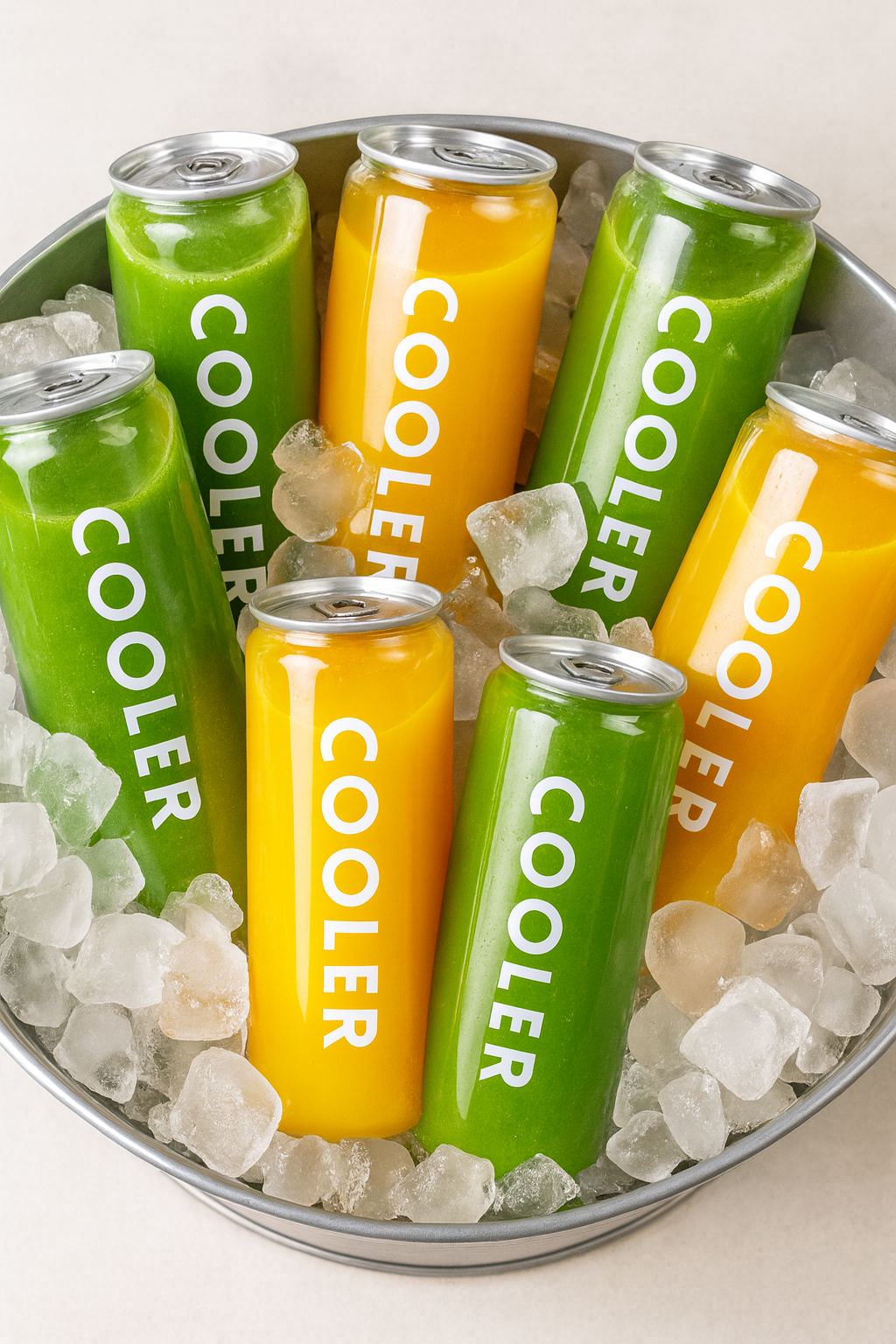 A metal bowl filled with ice and stacked cans of green and yellow cold-pressed juice with the word 'COOLER' on them. Custom branded F&B activation Miami