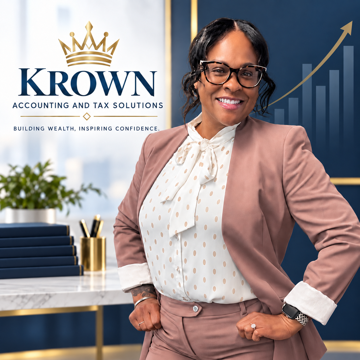 A confident woman in business attire smiling in an office, with a logo for KROWN Accounting and Tax Solutions and a graph with an upward trend in the background.