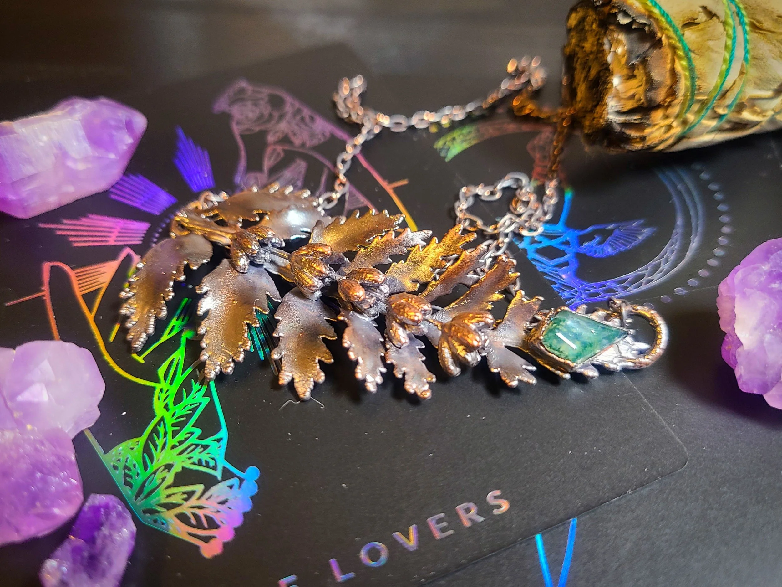 Copper Electroformed Fern and Lavender with Moss Agate Accent