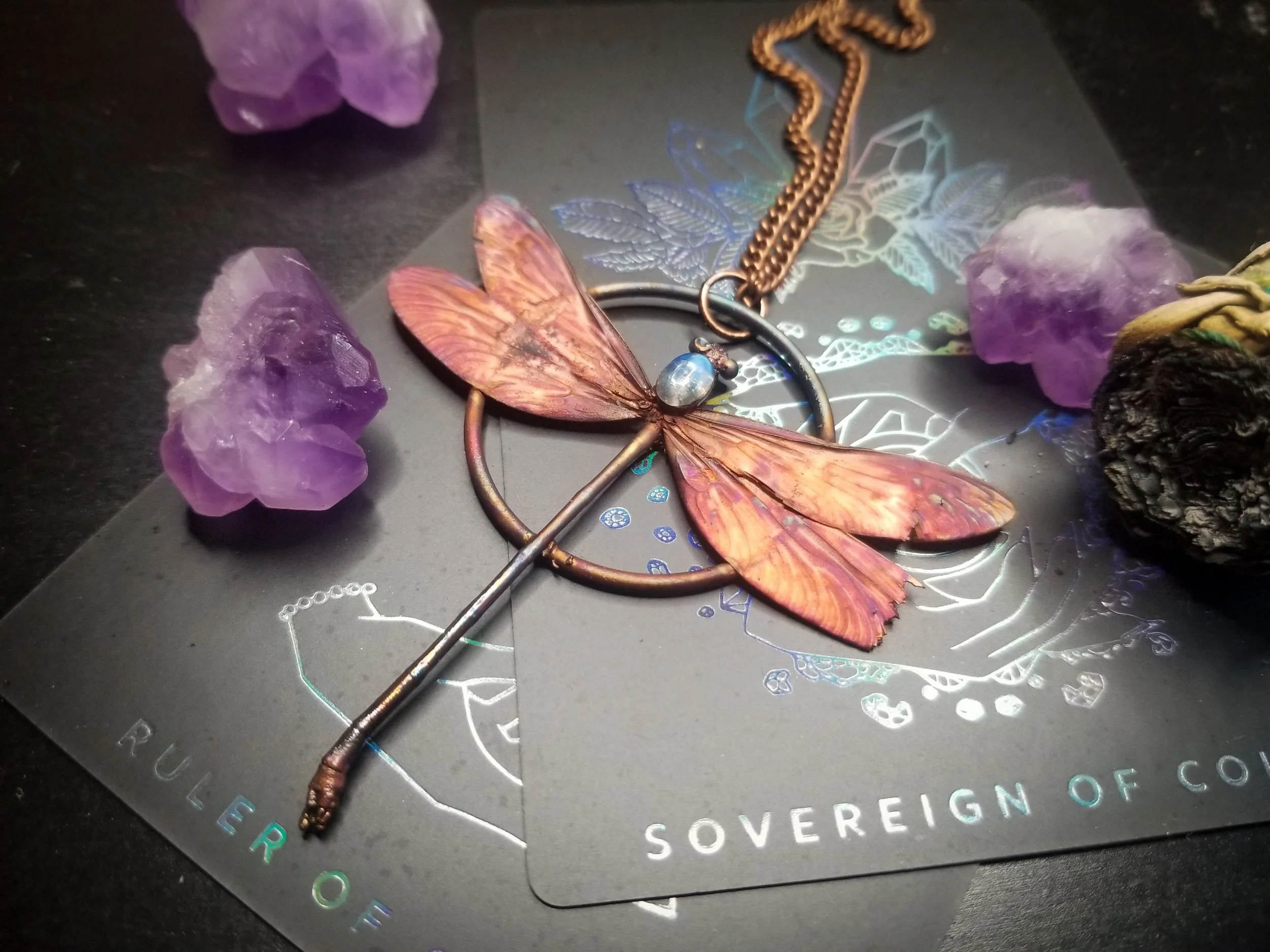 Copper Electroformed Dragonfly with Moonstone Accent