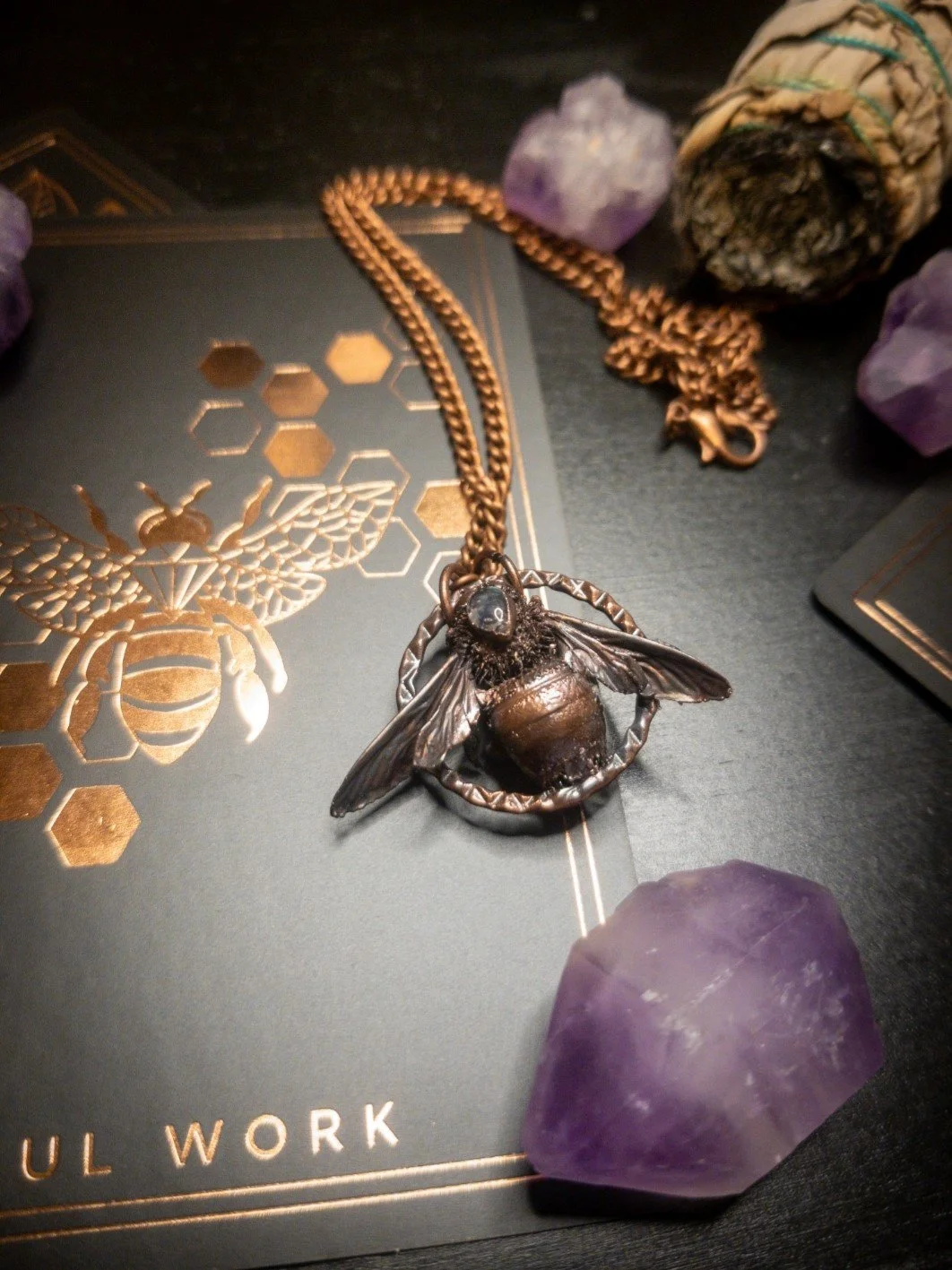 Copper Electroformed Carpenter Bee with Moonstone Accent