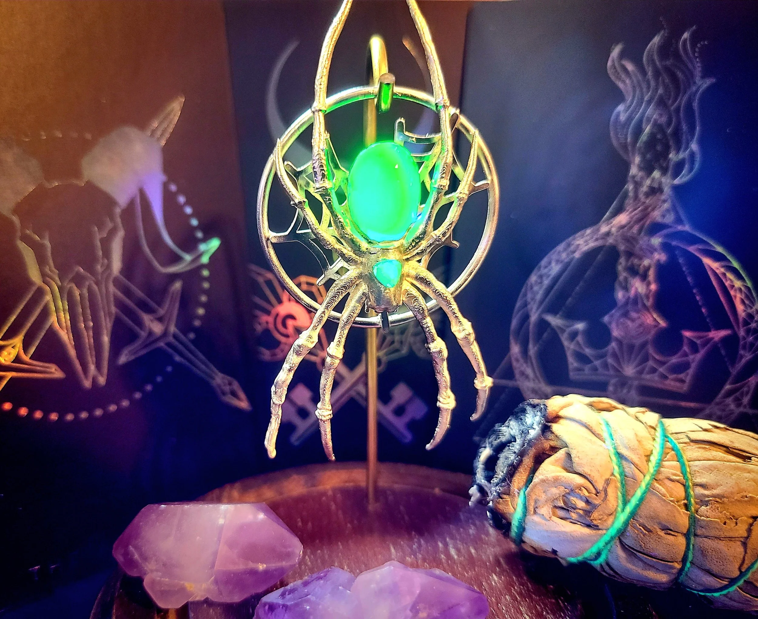 Electroformed, .999 Silver Coated 3D Print Spider with Uranium Glass Accents