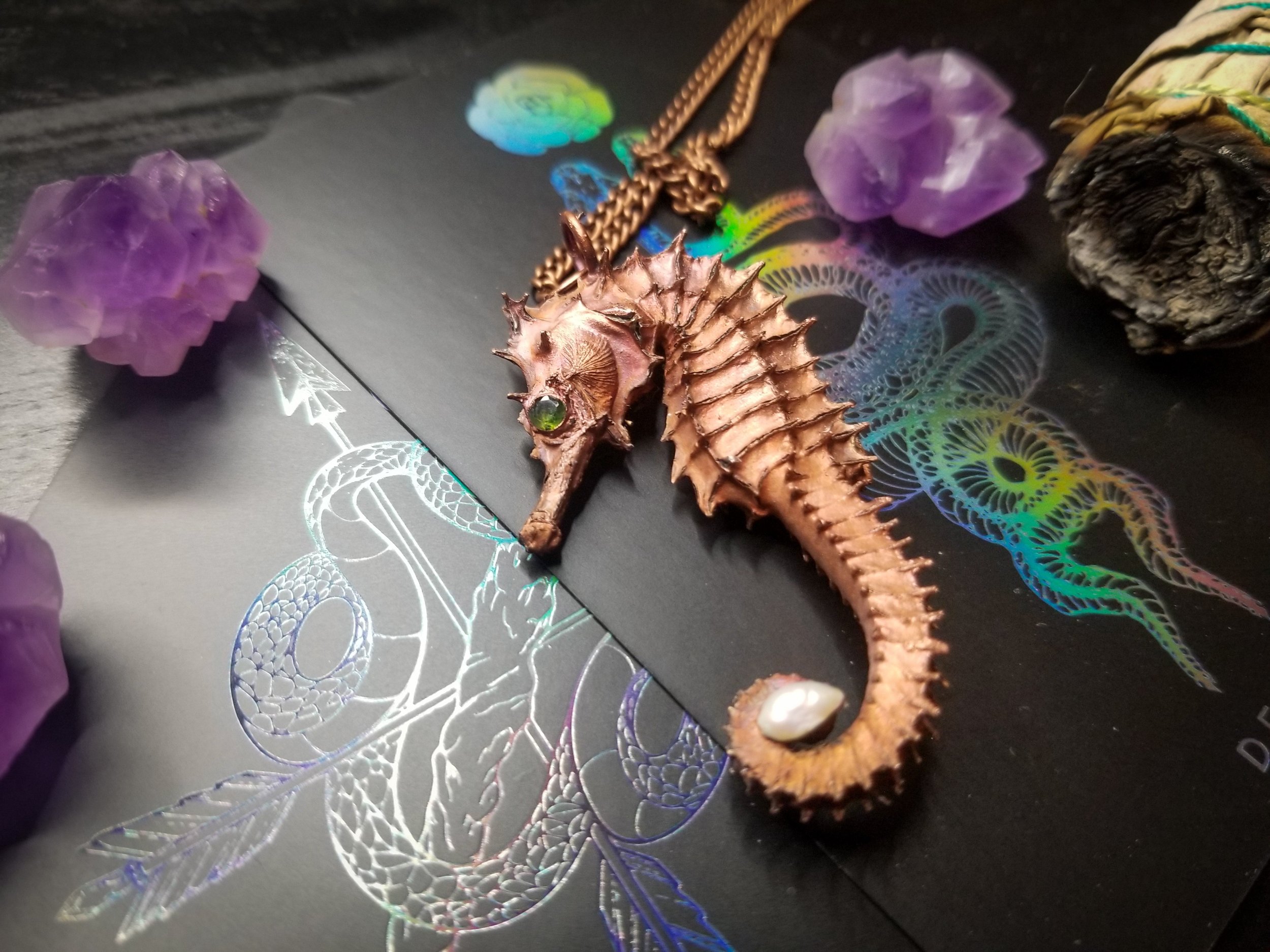 Copper Electroformed Seahorse with Green Tourmaline and Pearl Accent