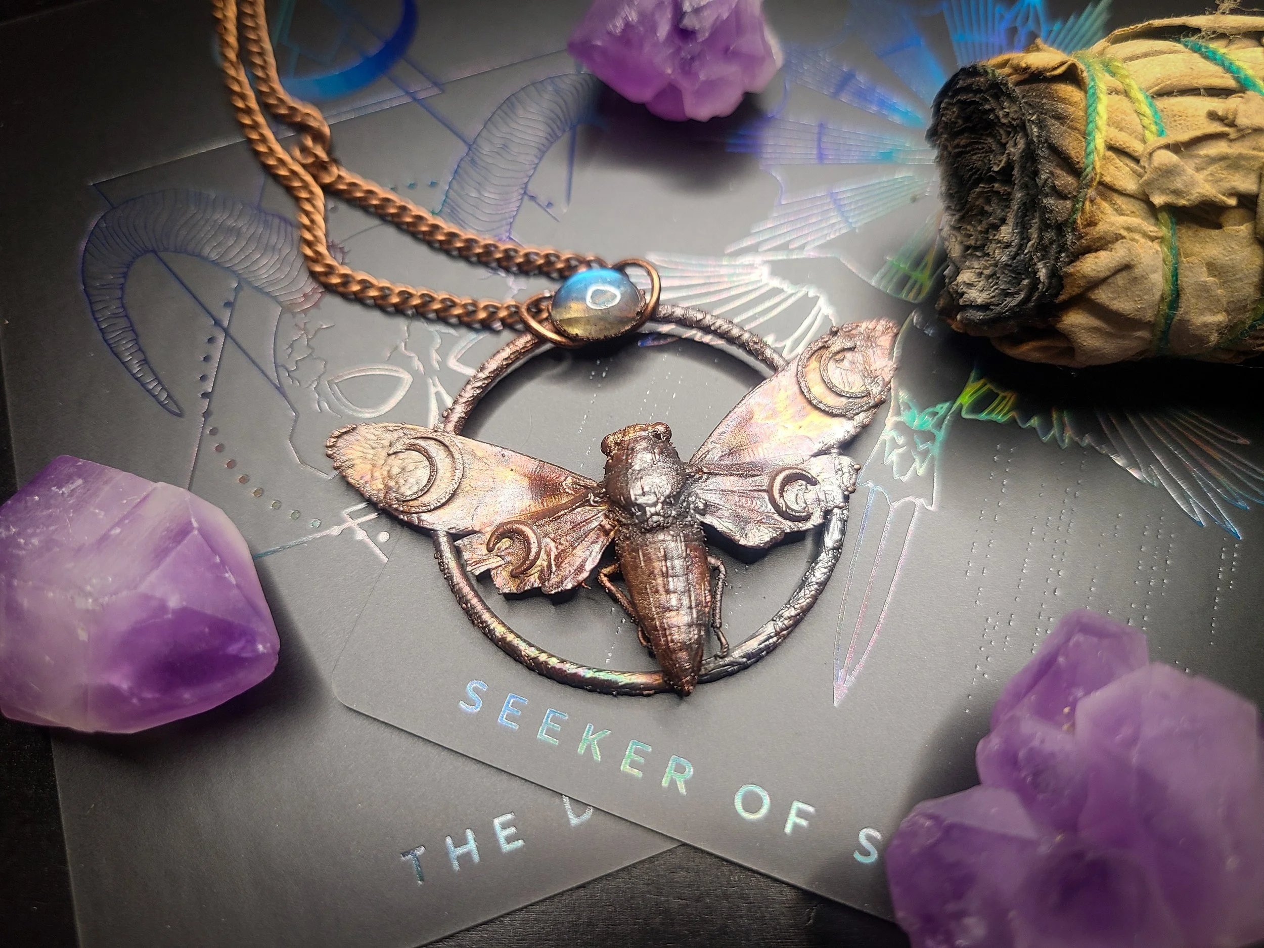 Copper Electroformed Red Devil Cicada with Moonstone Accent and Moon Wing Additions