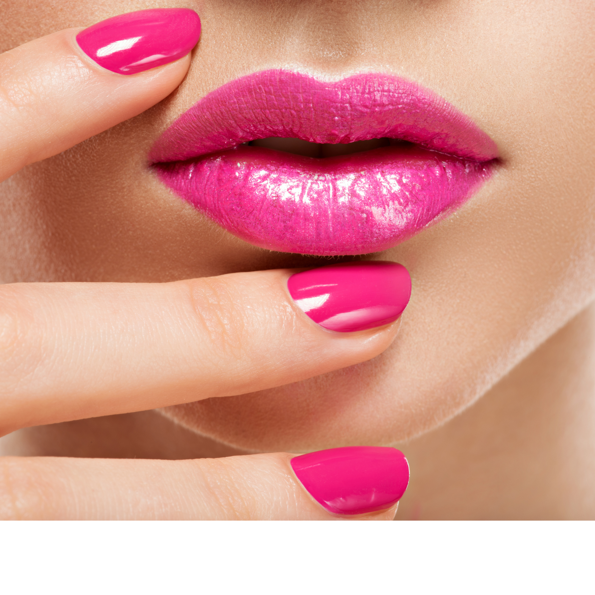 Close-up of a woman's lips with pink lipstick, finger with matching pink nails touching her lips.