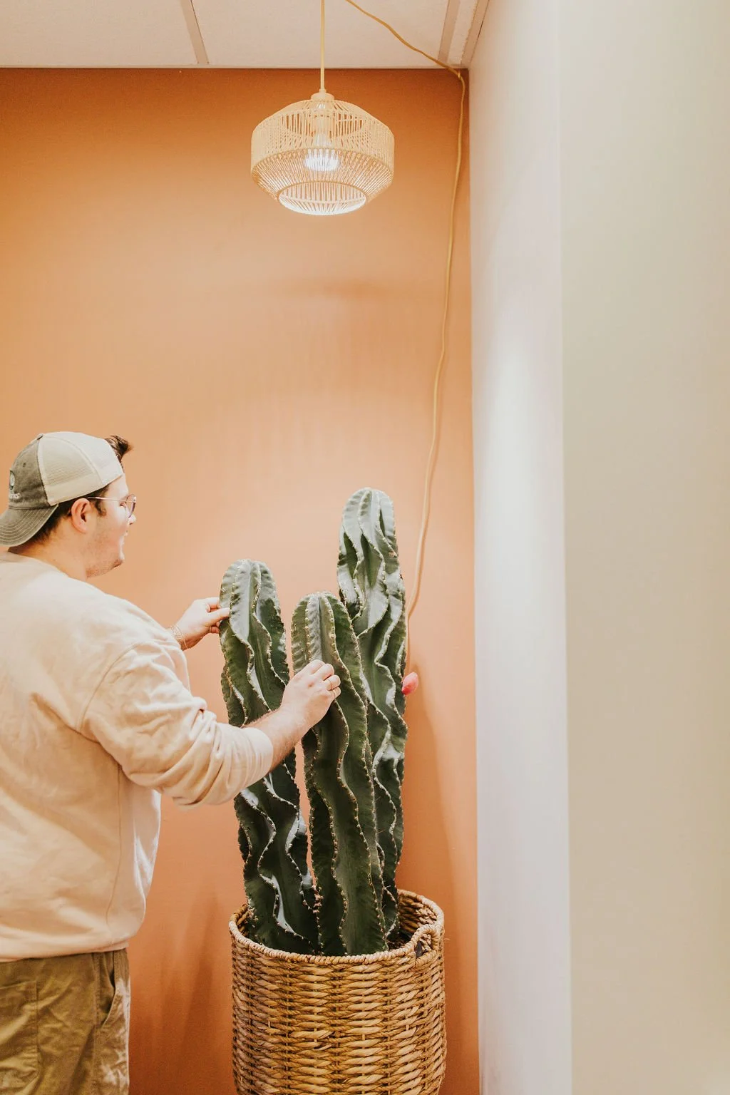 A man with glasses, a beige sweatshirt, and a backwards cap is touching tall, wavy cactus plants in a large woven basket. The background features a warm-colored wall and a hanging wicker light fixture.