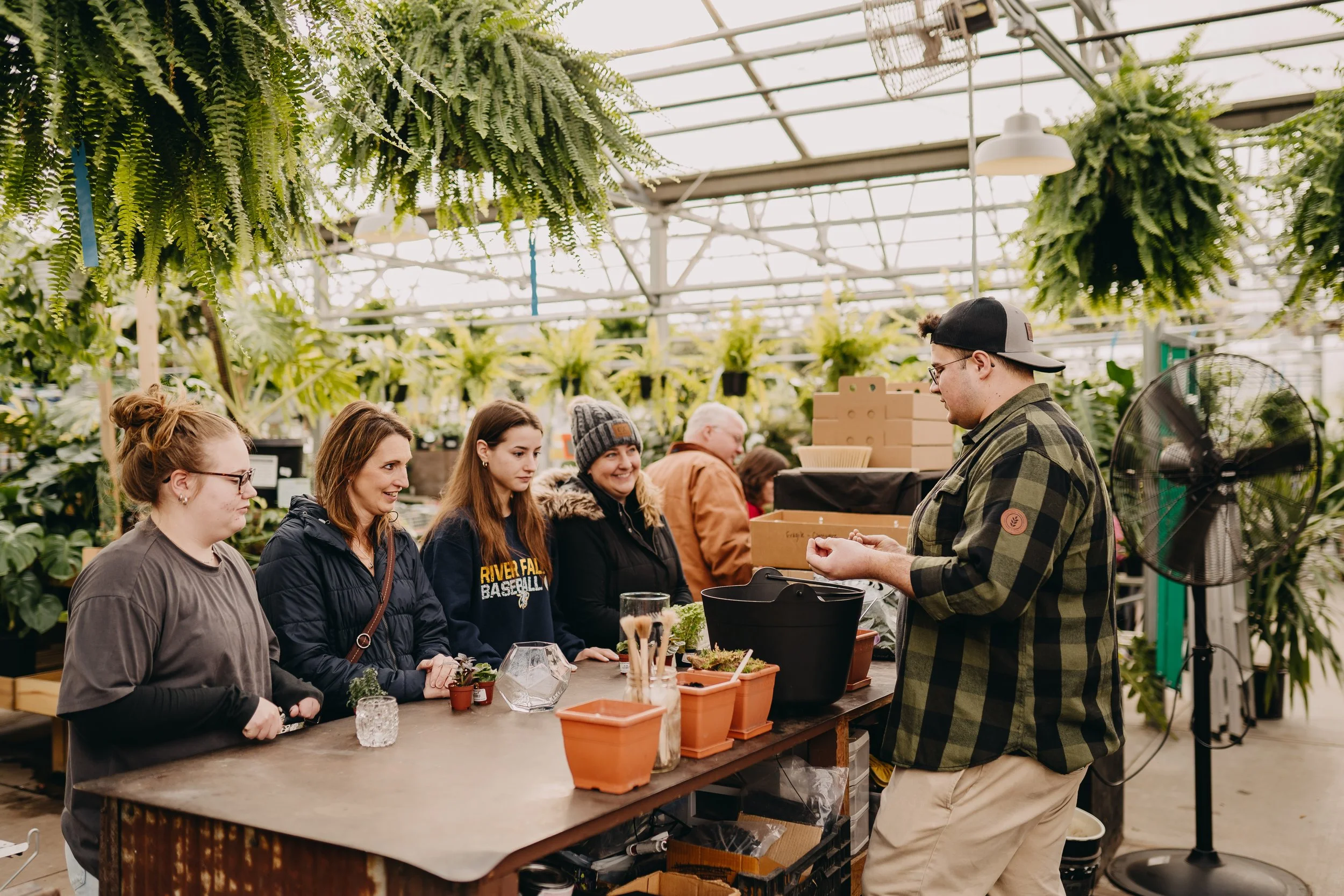People in a greenhouse participating in a gardening workshop, with plants and fern hanging above, and a man demonstrating at a table with small potted plants.