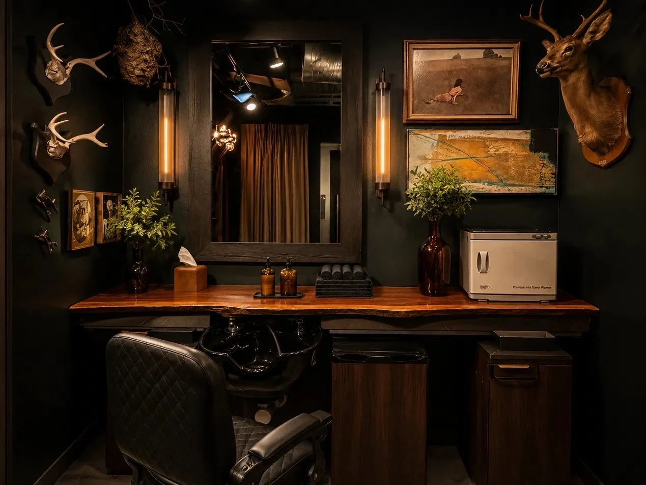 One quilted barber chair at a live-edge counter, dark mirror between amber sconces, antlers on deep green walls.