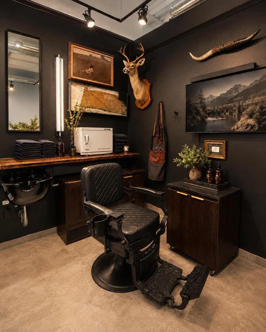 Barber chair and wash station surrounded by the studio's dark wood and Western artwork.