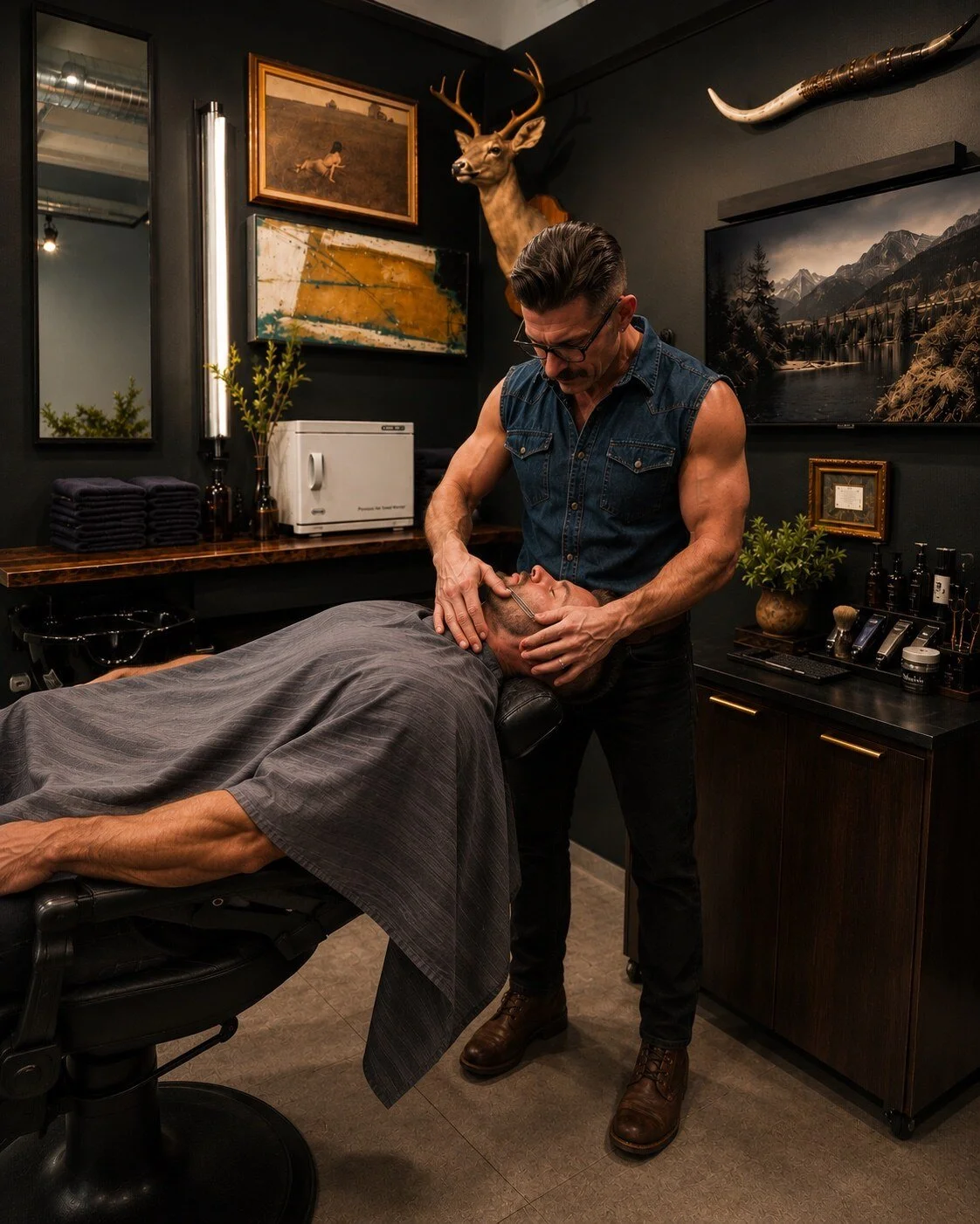 A hot-towel grooming service inside the Handsome Devils private studio.