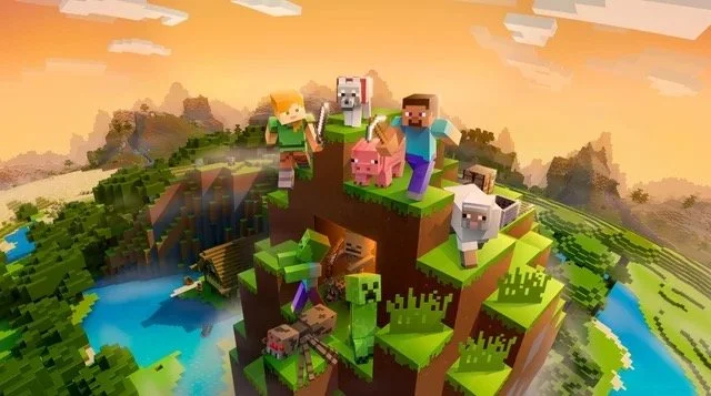 Minecraft characters and animals standing on a floating hill in the game world with a landscape of rivers, trees, and mountains in the background.