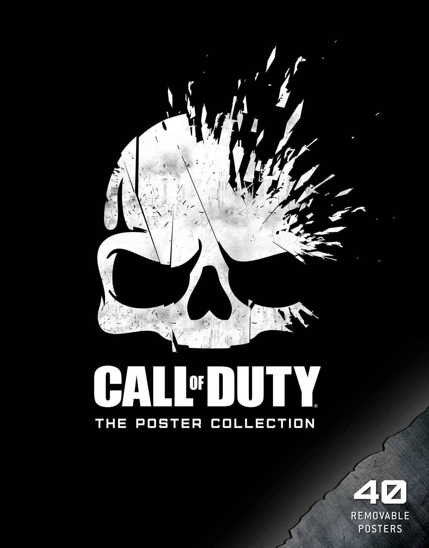 Black and white poster featuring a skull with a shattered appearance and the text 'Call of Duty: The Poster Collection' and '40 Removable Posters'.