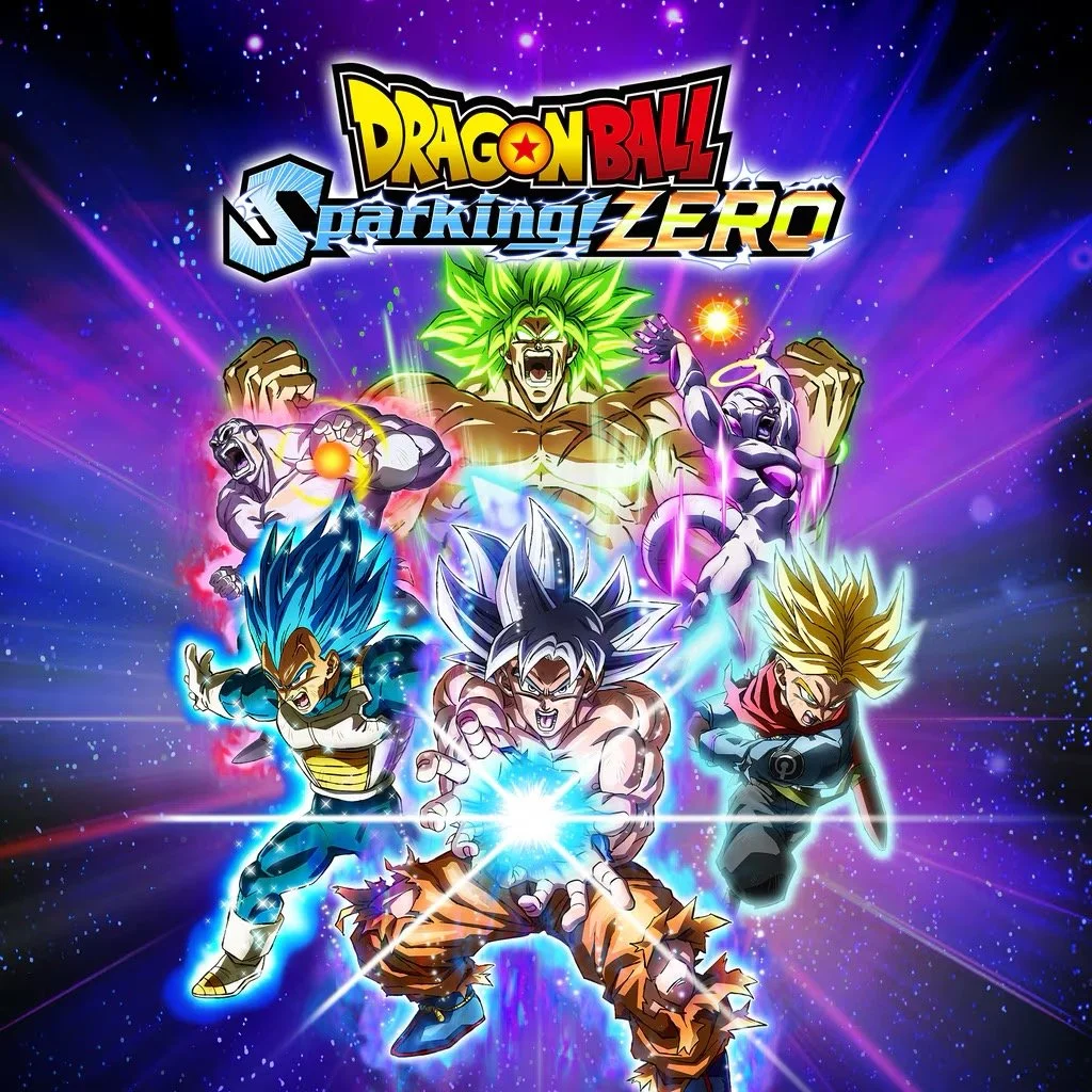 A colorful, animated poster for a video game titled "Dragon Ball Sparking Zero." It features multiple characters from the Dragon Ball series in dynamic action poses, with a cosmic, star-filled background.