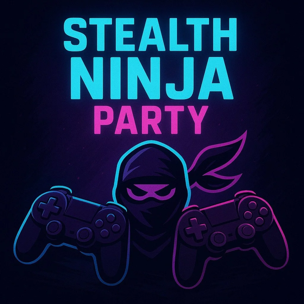 Cartoon ninja character in blue costume with pink headband and sash, holding a sword and making a fist, with a determined expression.