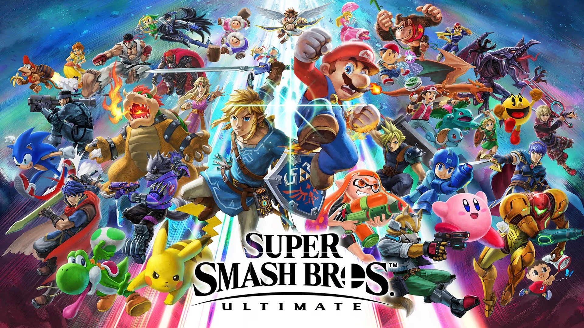 Collage of characters from the video game Super Smash Bros. Ultimate, featuring iconic Nintendo characters like Mario, Link, Pikachu, Donkey Kong, Sonic, and others, with the game's logo at the bottom.