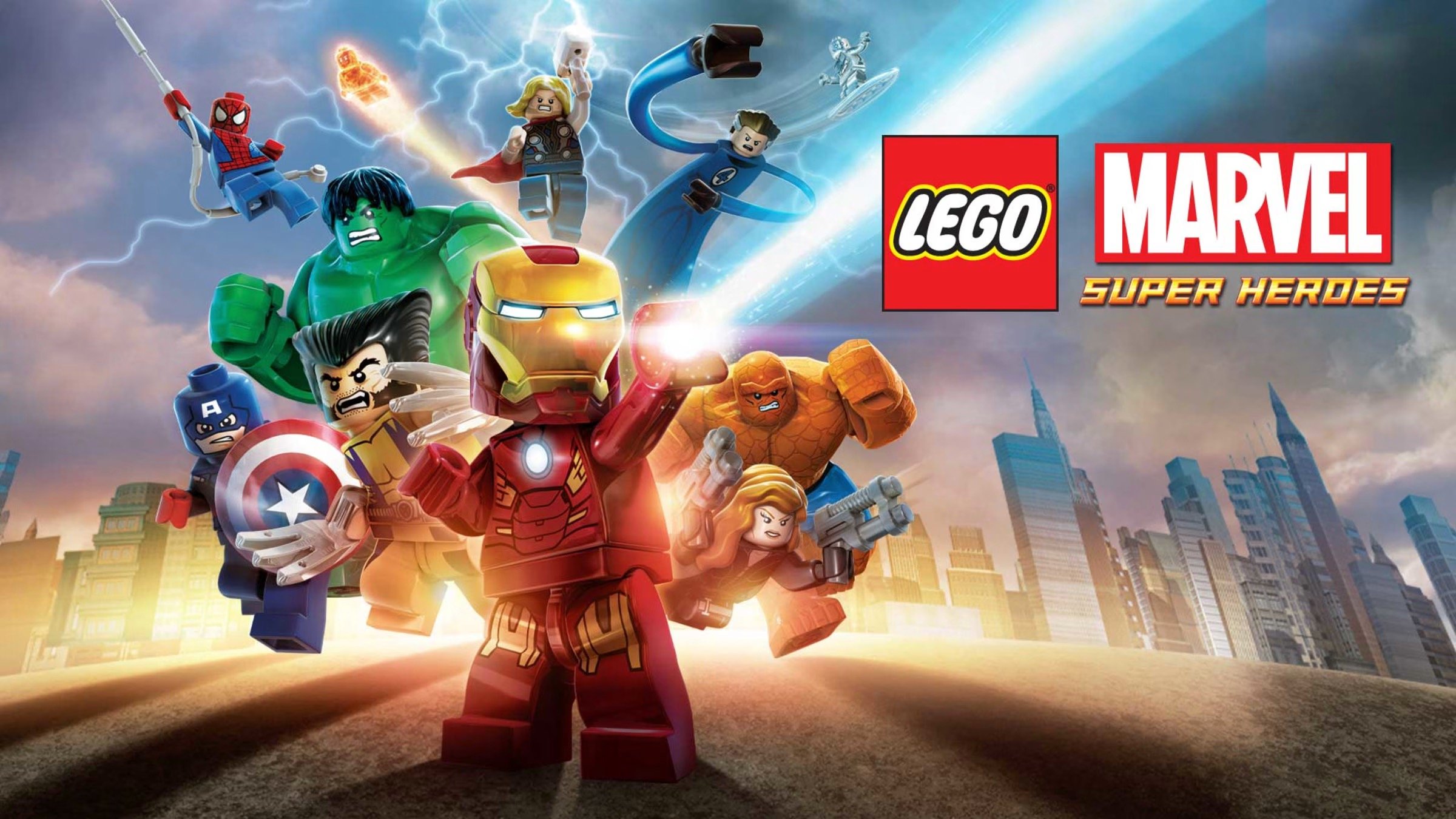 Lego Marvel Super Heroes characters including Iron Man, Hulk, Captain America, Thor, Black Widow, and Spider-Man in a cityscape background with a dramatic sky.