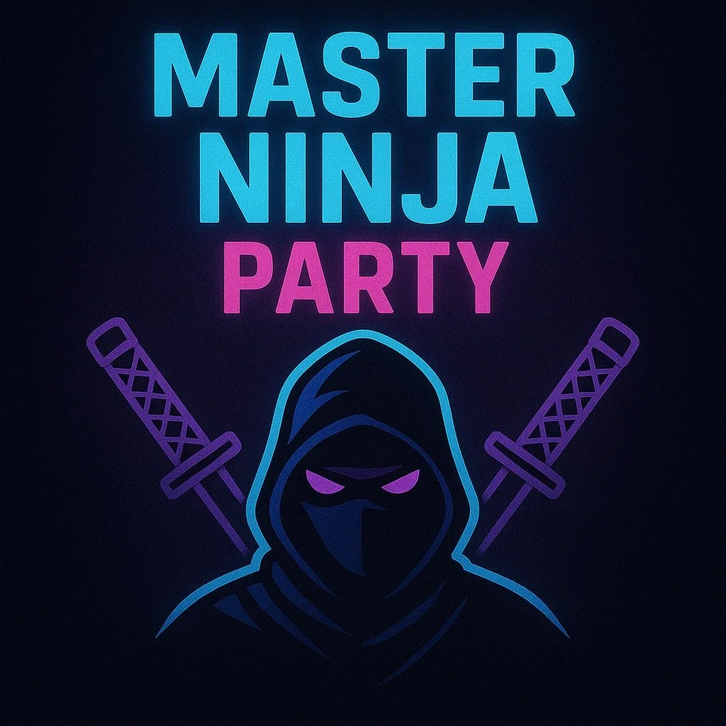 Three cartoon ninja characters in dynamic fighting poses, dressed in black, blue, and purple costumes, holding swords and weapons, on a green ground.