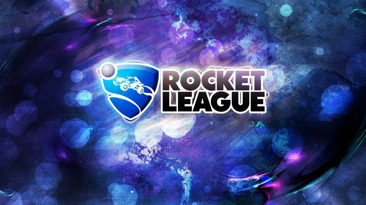 Rocket League logo with a blue and purple abstract background.