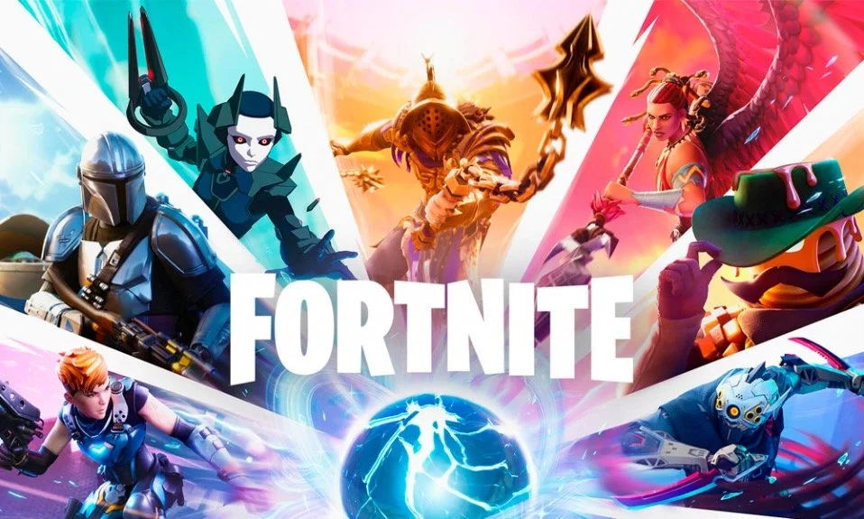 Illustration of various Fortnite characters in action with the game's logo in the center.