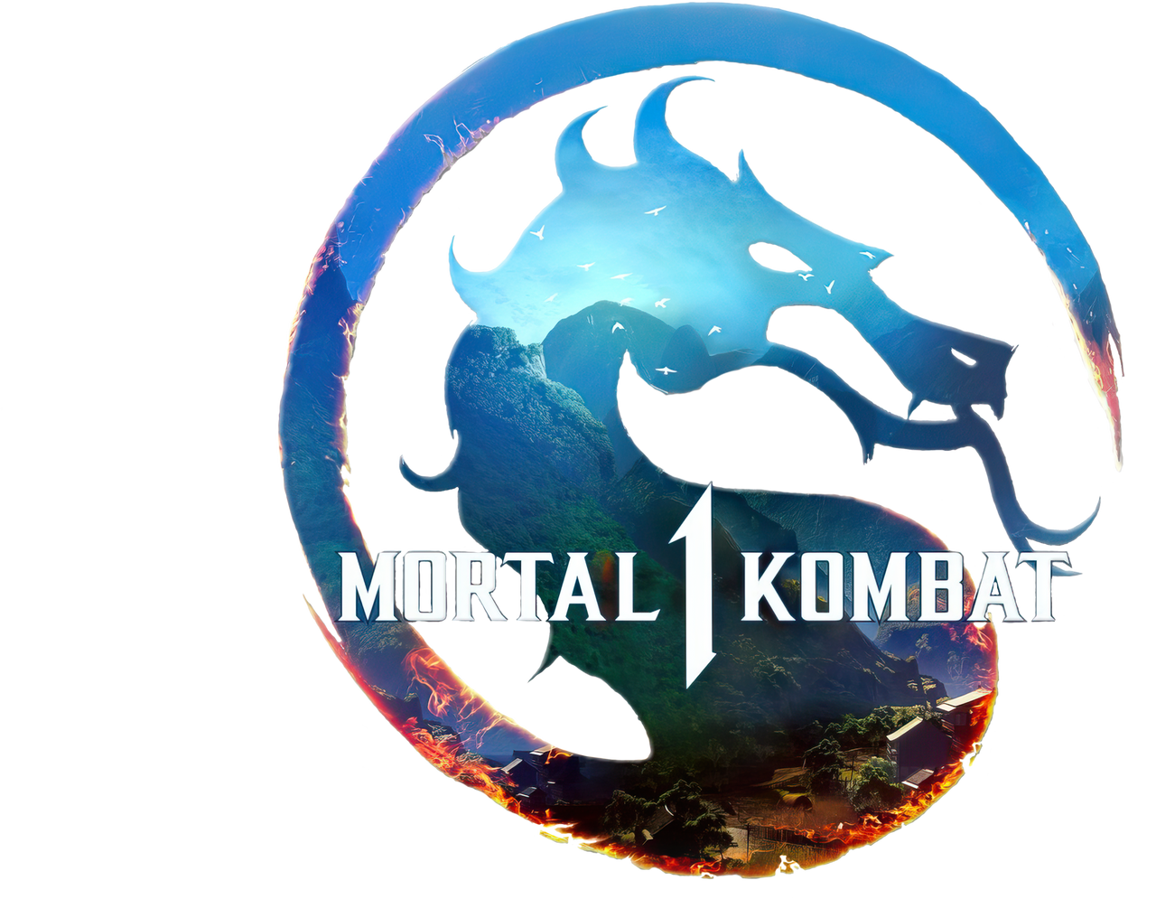 Logo for Mortal Kombat 1 featuring a dragon within a circular design with a mountainous landscape inside and flaming accents around the edges.