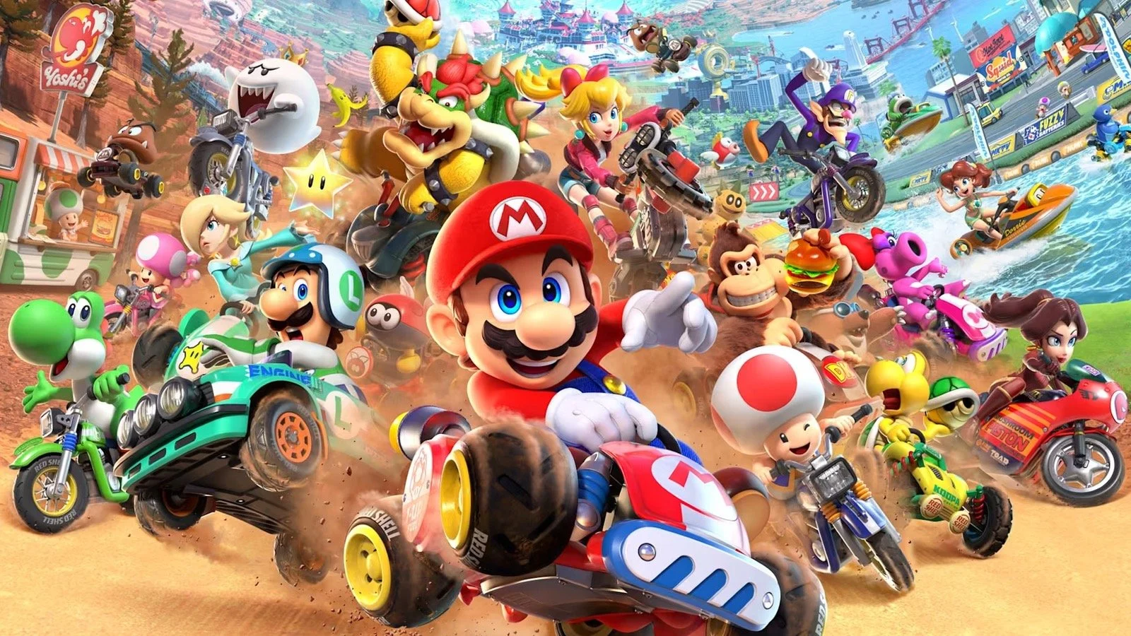 A vibrant scene from a Mario Kart video game featuring characters like Mario, Luigi, Peach, Bowser, Yoshi, and others racing on various vehicles through different terrains including desert, city, water, and forest.