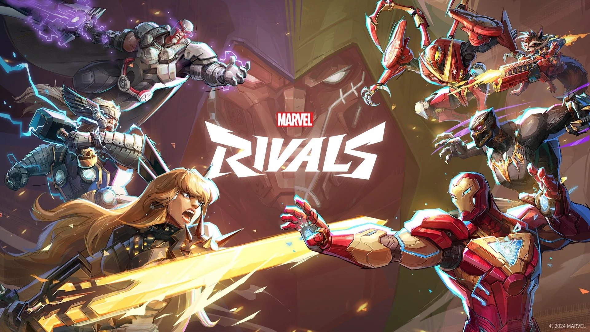 Artwork for Marvel Rivals showing Marvel superheroes and villains in a battle stance, with Iron Man, Black Panther, and Captain Marvel on one side, and Doctor Doom, Rocket Raccoon, and others on the opposite side, set against a background with the Marvel Rivals logo in the center.