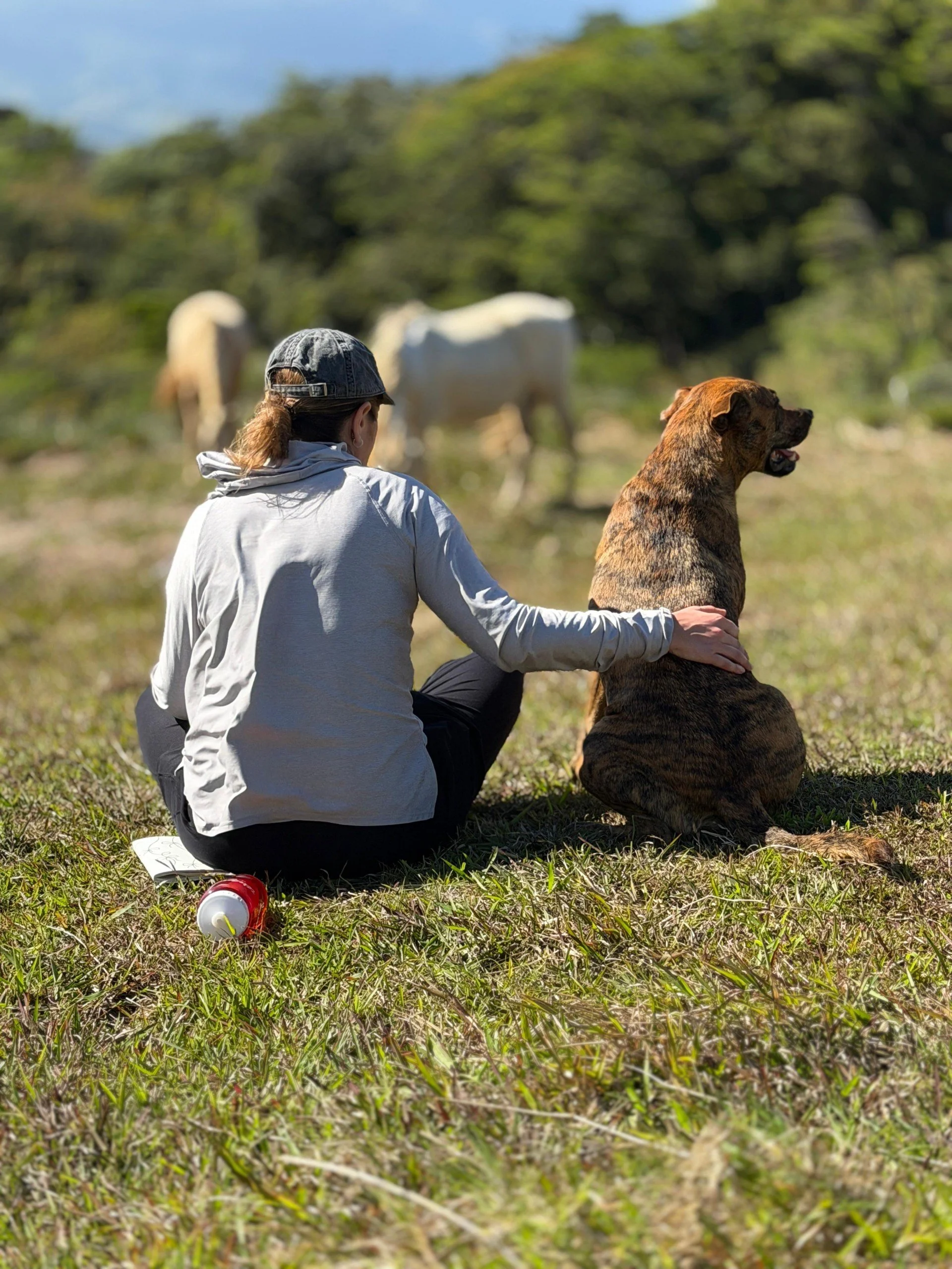 Certified animal communicator with a dog in a grassy field