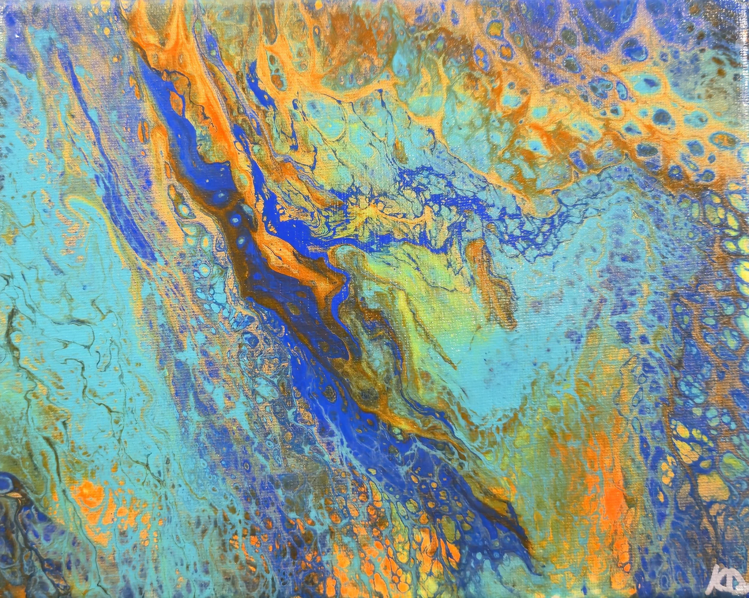 Abstract artwork featuring swirling patterns in shades of blue, orange, gold, and light green with textured details.