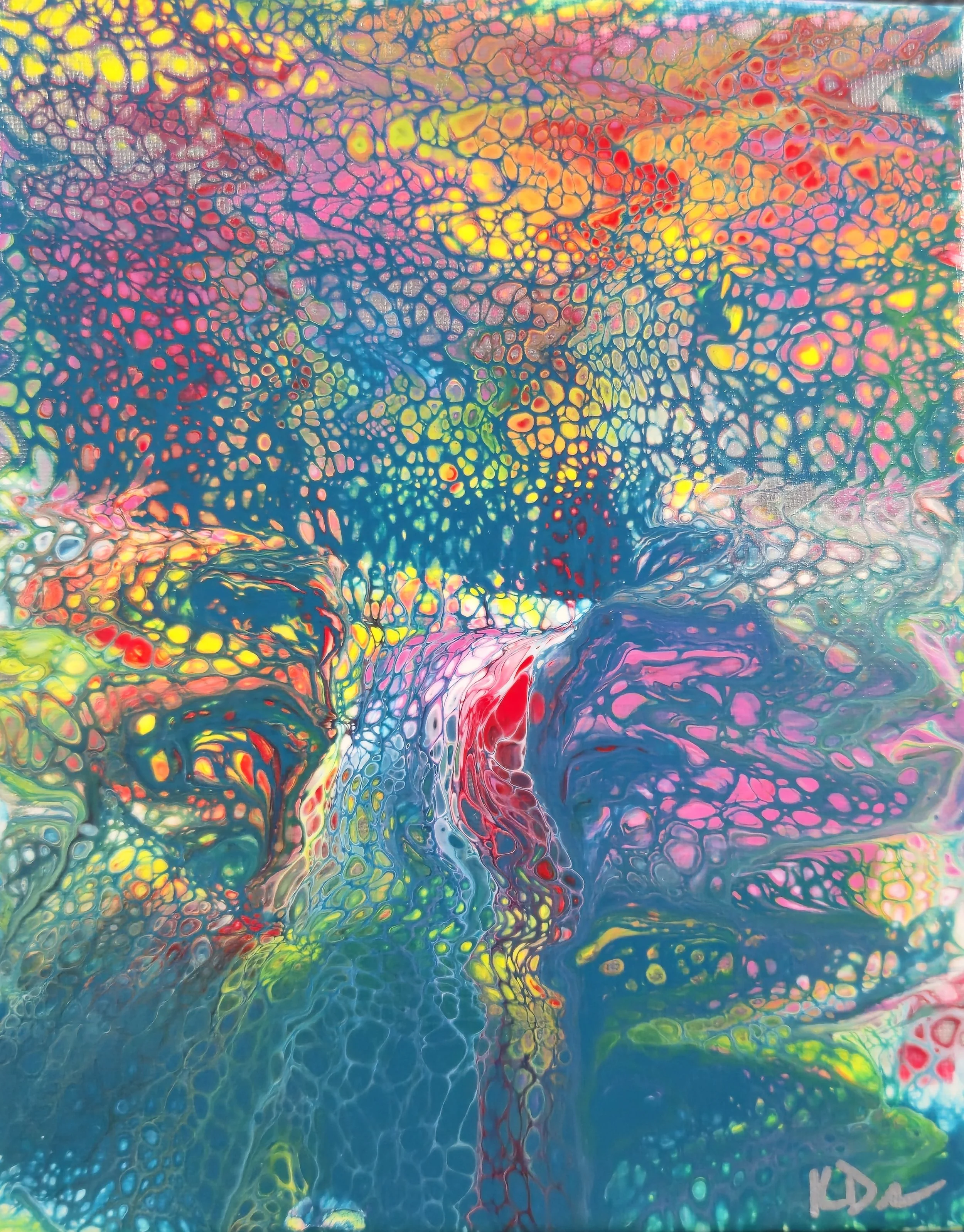 Abstract painting with multicolored web-like patterns featuring pink, yellow, green, and blue hues, creating a vibrant and dynamic composition.