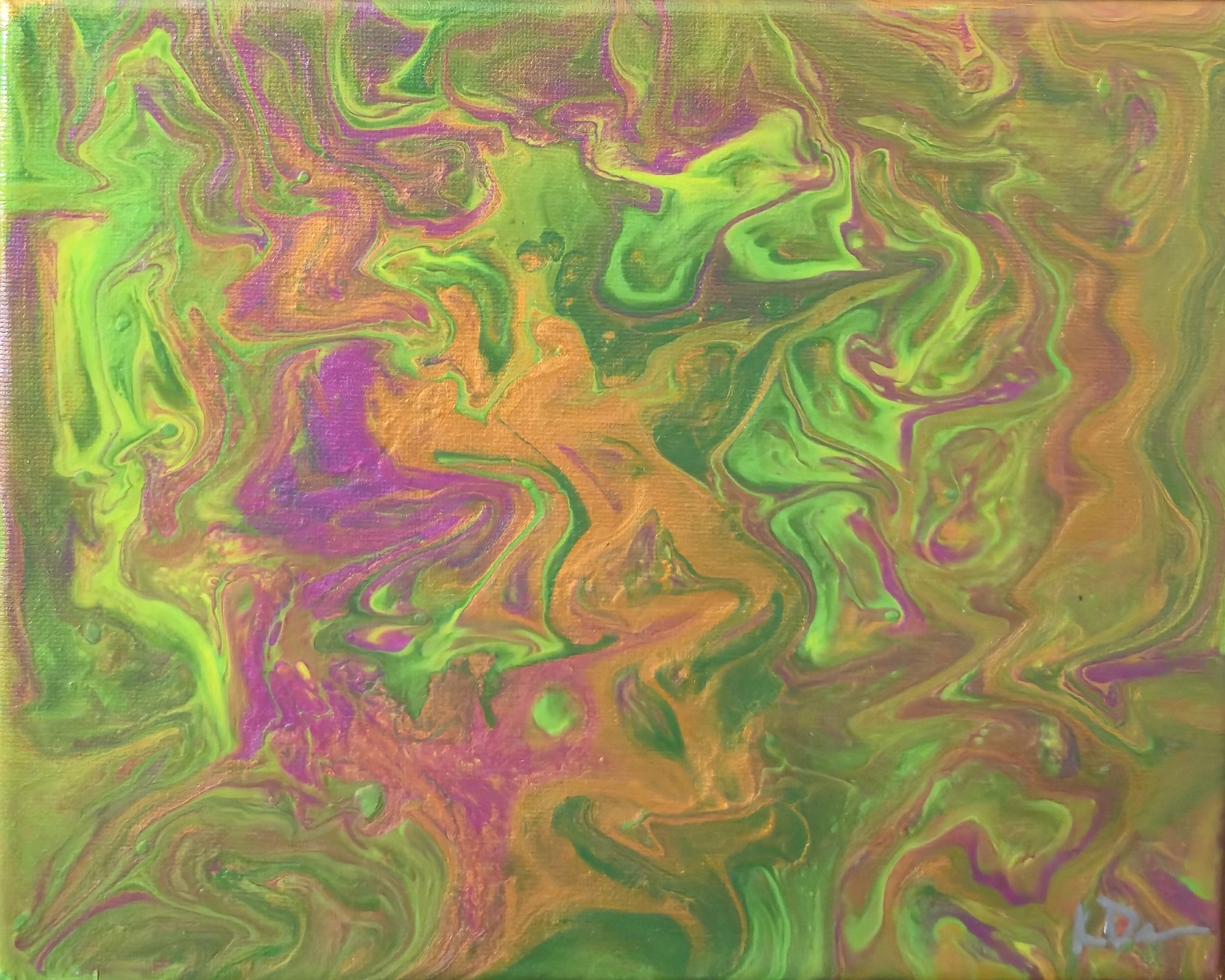 Abstract painting featuring swirling patterns in bright neon green, purple, orange, and pink colors.
