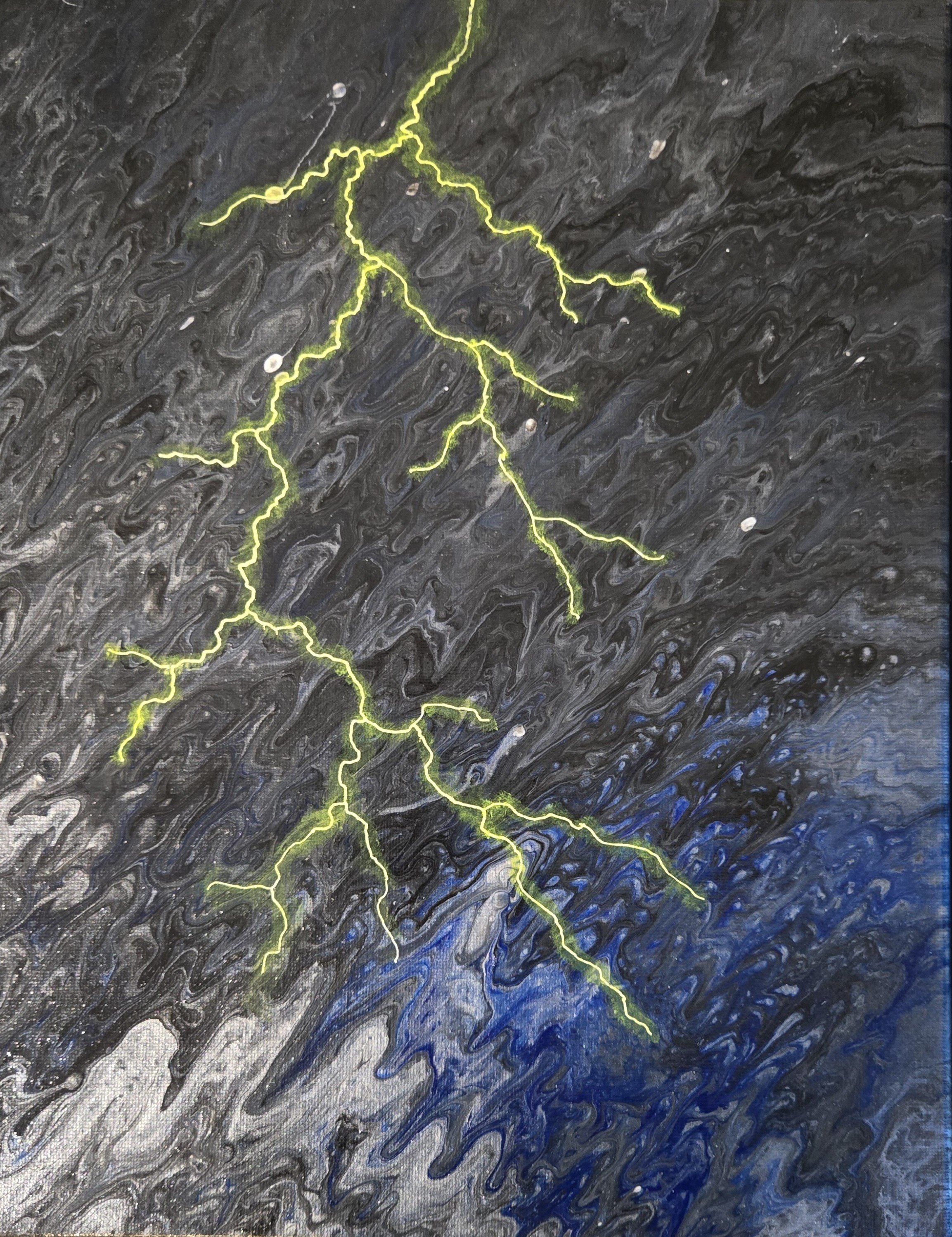 Abstract painting of yellow lightning bolts against a dark swirling background of black, gray, white, and blue colors.