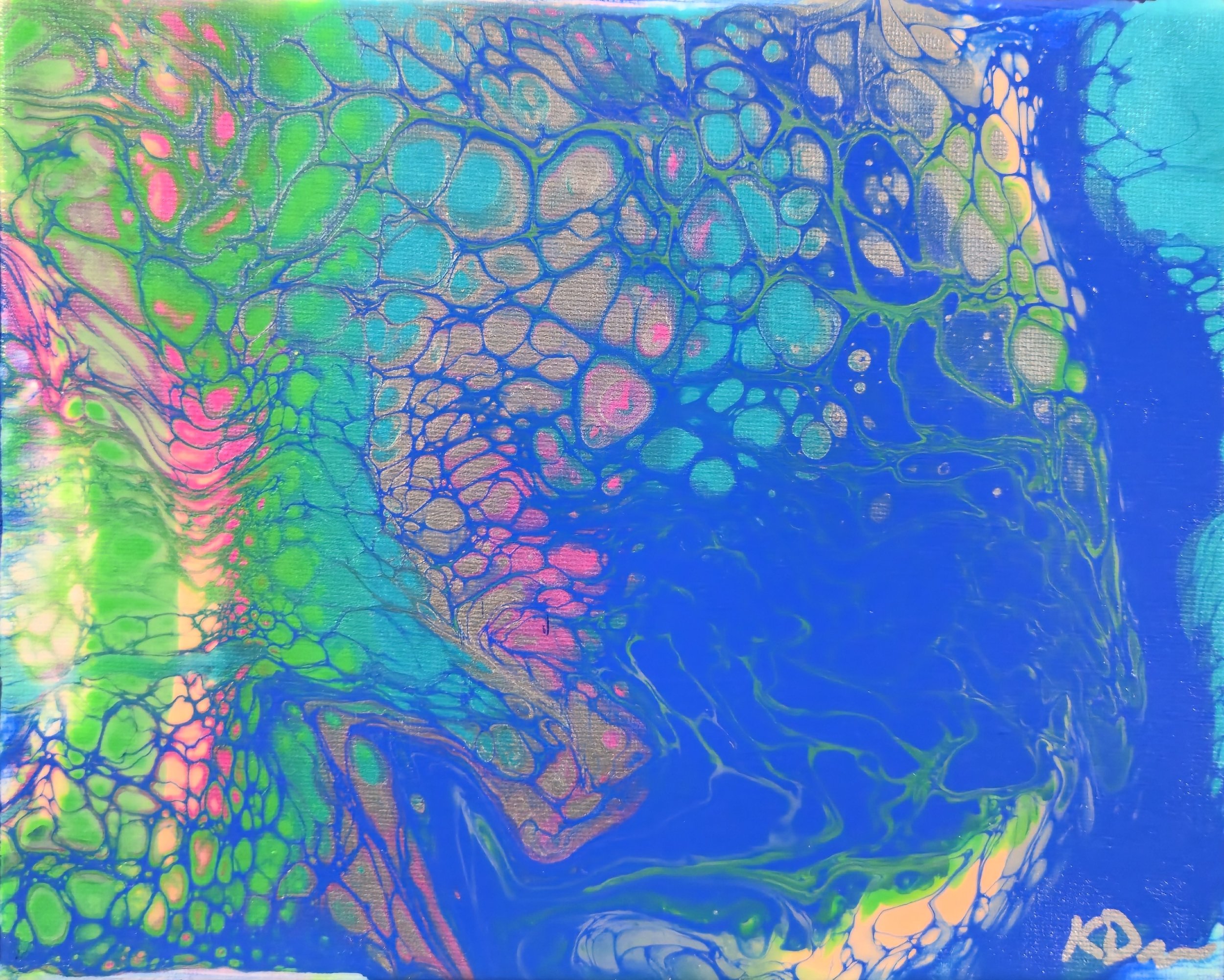 Abstract art with vibrant colors including blue, green, pink, and yellow, featuring cell-like patterns and swirling textures.