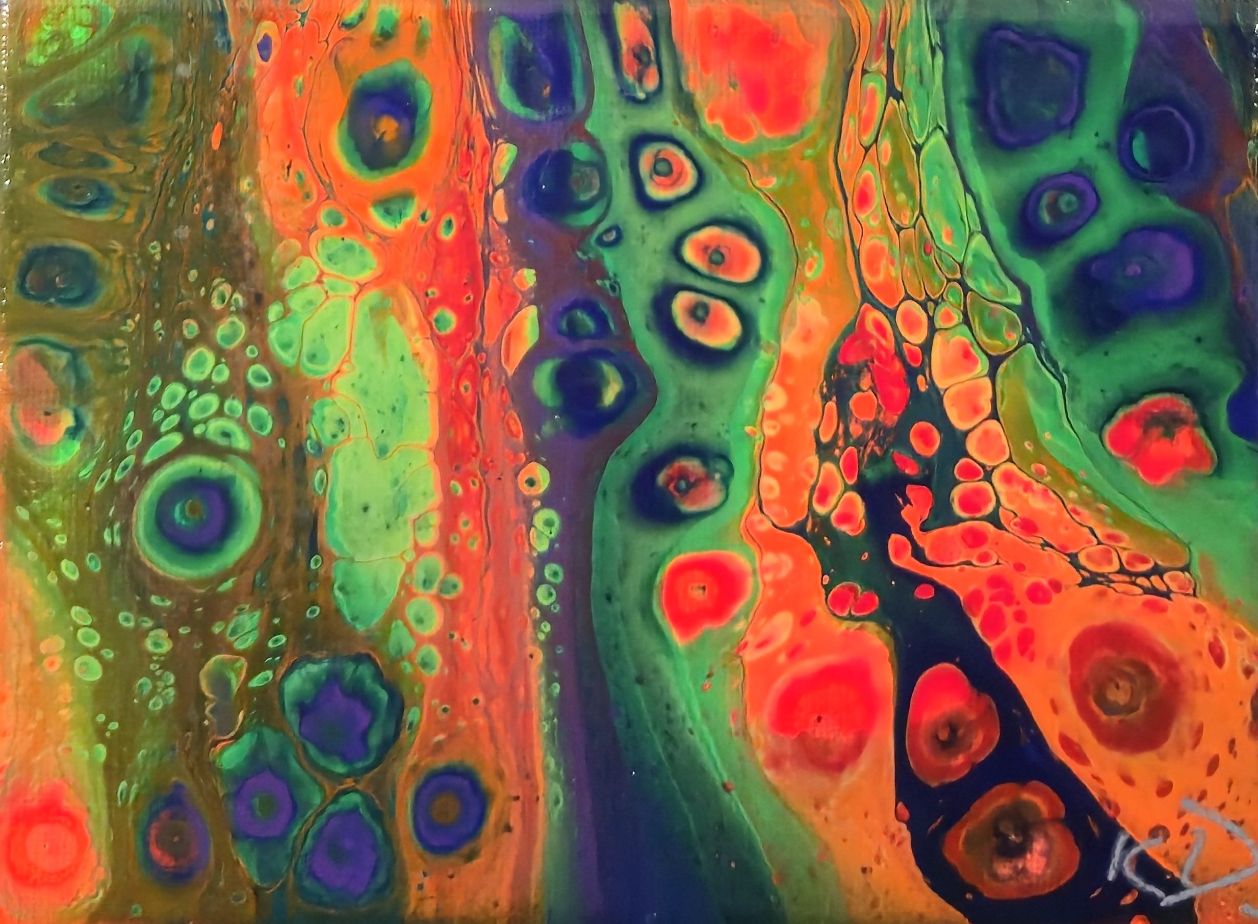Abstract painting featuring vibrant swirling patterns in bright green, orange, purple, and blue with circular and organic shapes.