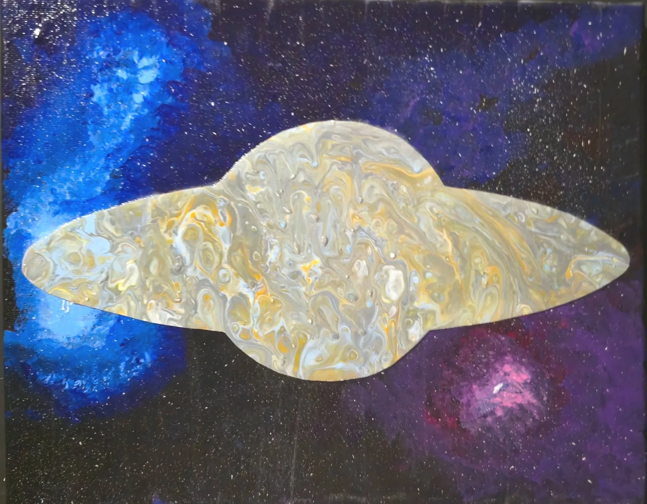 An artistic painting of a spaceship with a marbled gold and white body, set against a vibrant cosmic background with nebulae and stars in shades of blue, purple, and pink.