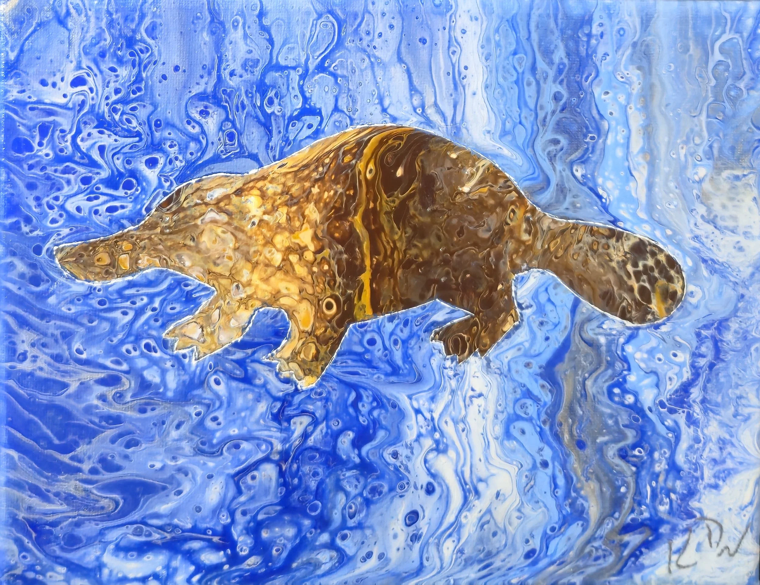 Abstract artwork featuring a platypus silhouette in brown and gold hues against a swirling blue background.