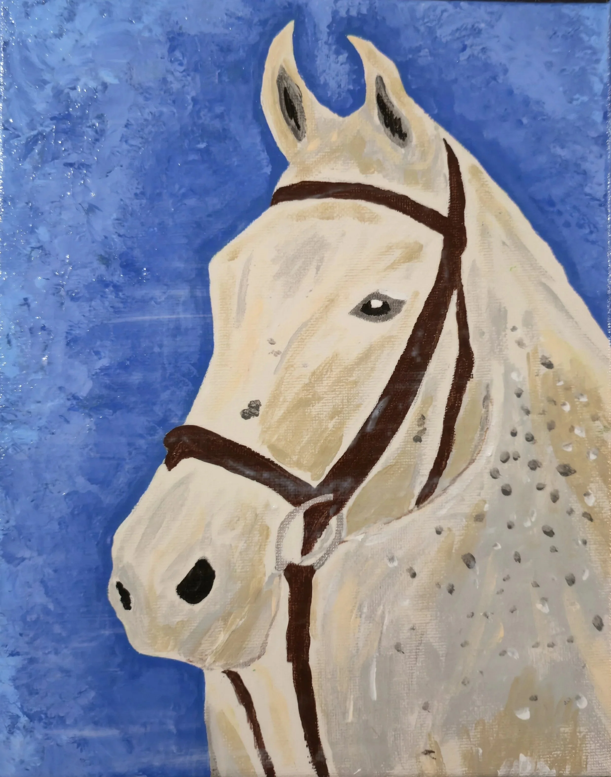 A painting of a white horse with spots on its body, set against a blue background.