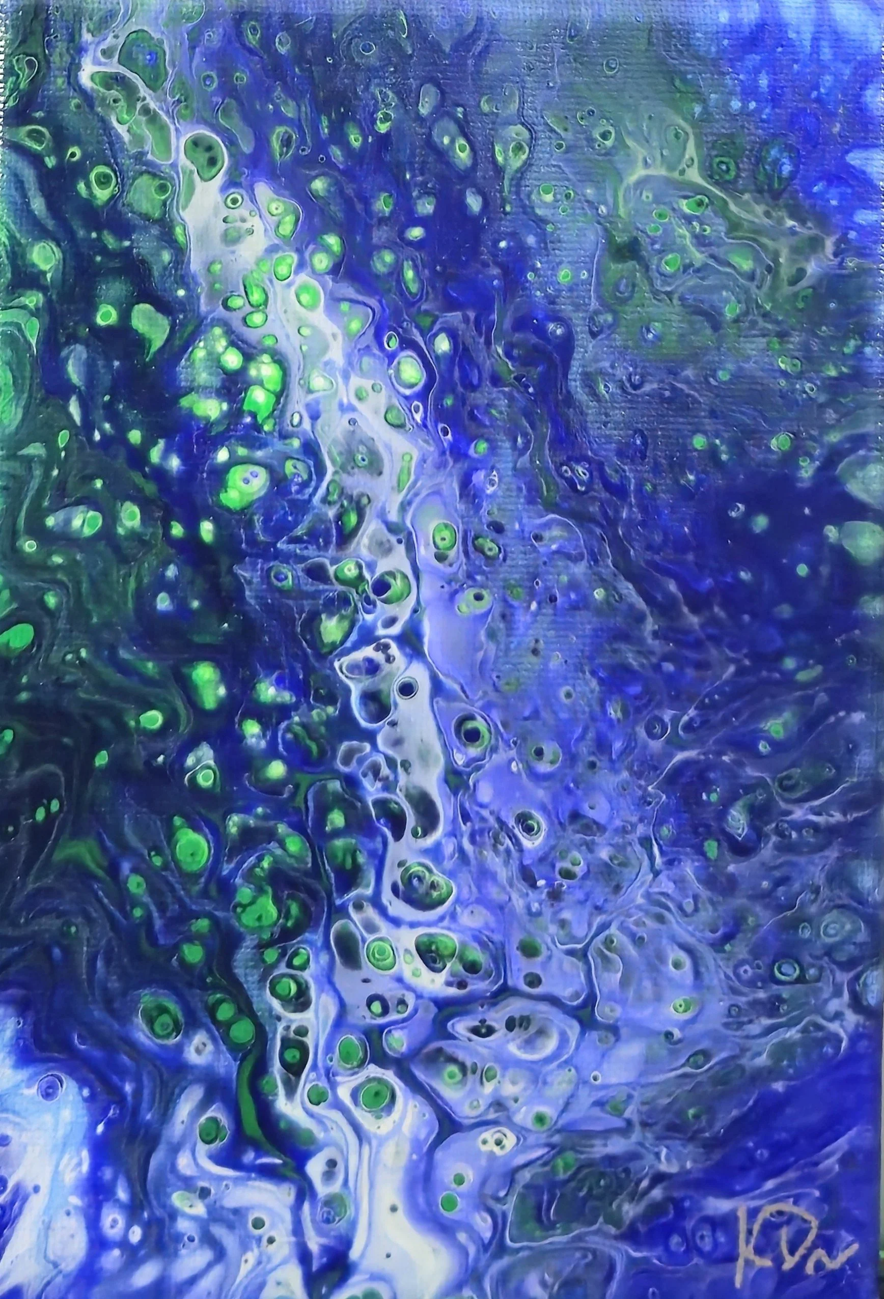 Abstract painting with swirling blue, green, and white colors and various circular patterns.