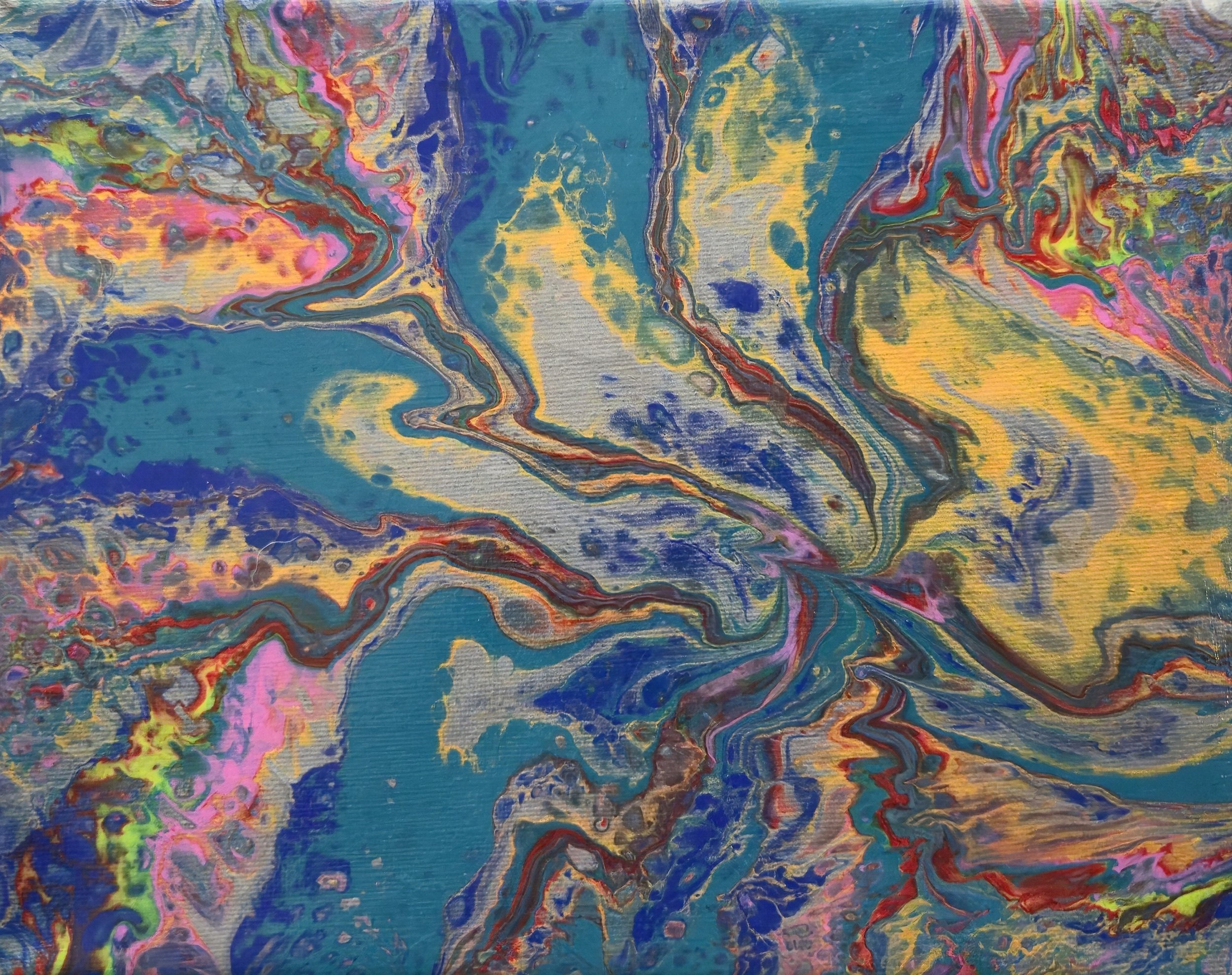 Colorful abstract painting with swirling patterns of blue, yellow, pink, and red.
