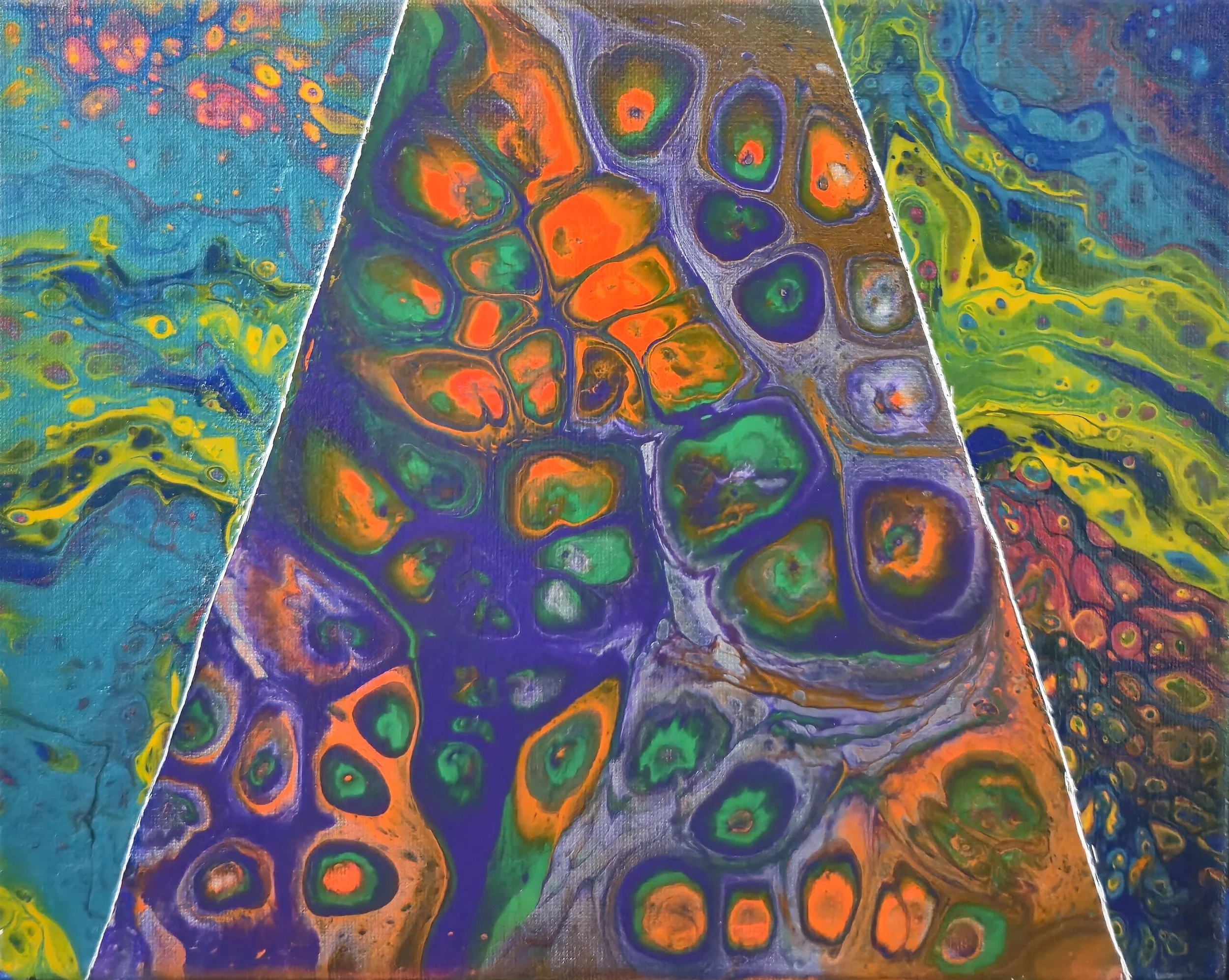 Abstract colorful painting with swirling patterns in shades of blue, green, yellow, orange, and purple.