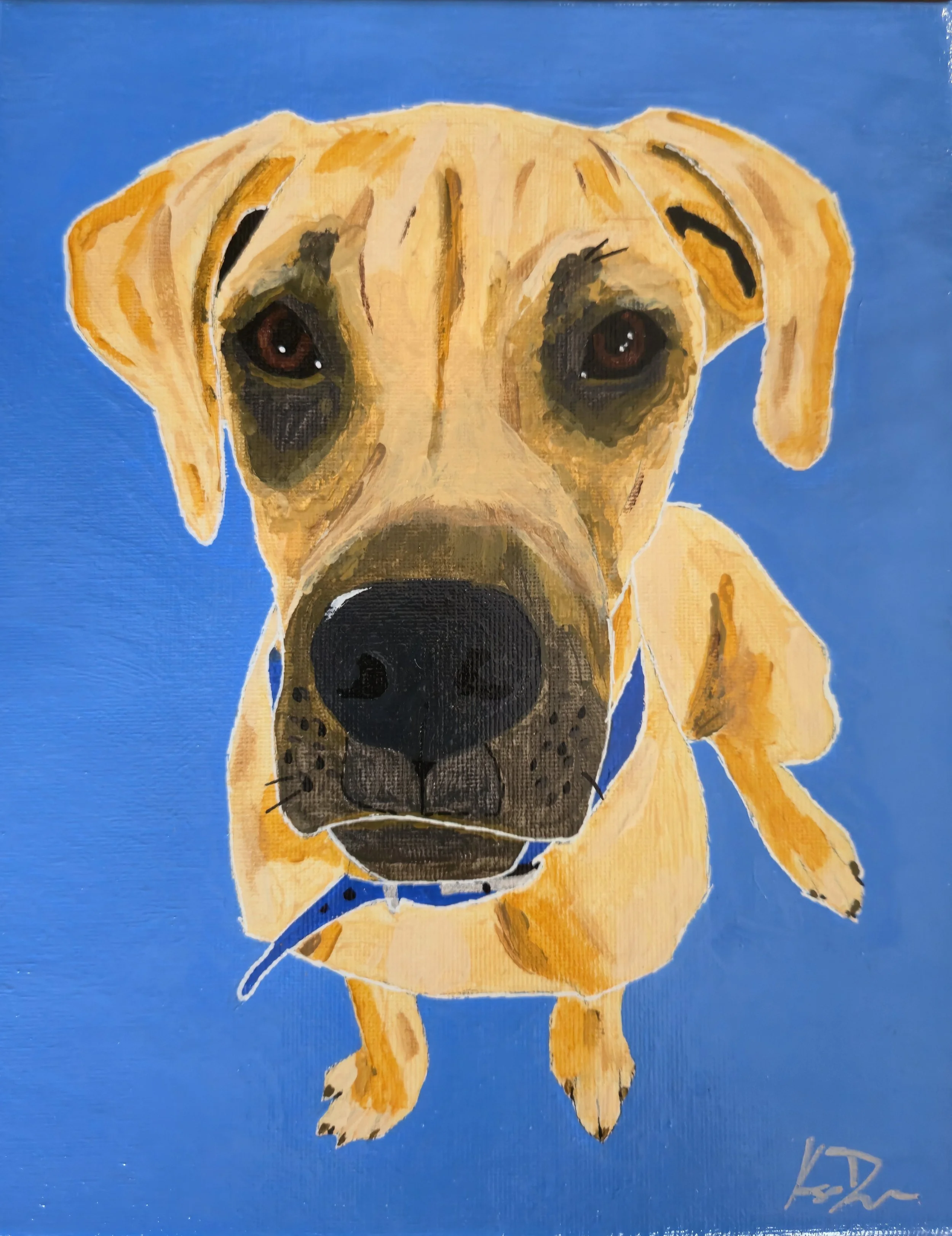 Painting of a tan dog with black nose and eyes, wearing a blue collar, against a blue background.