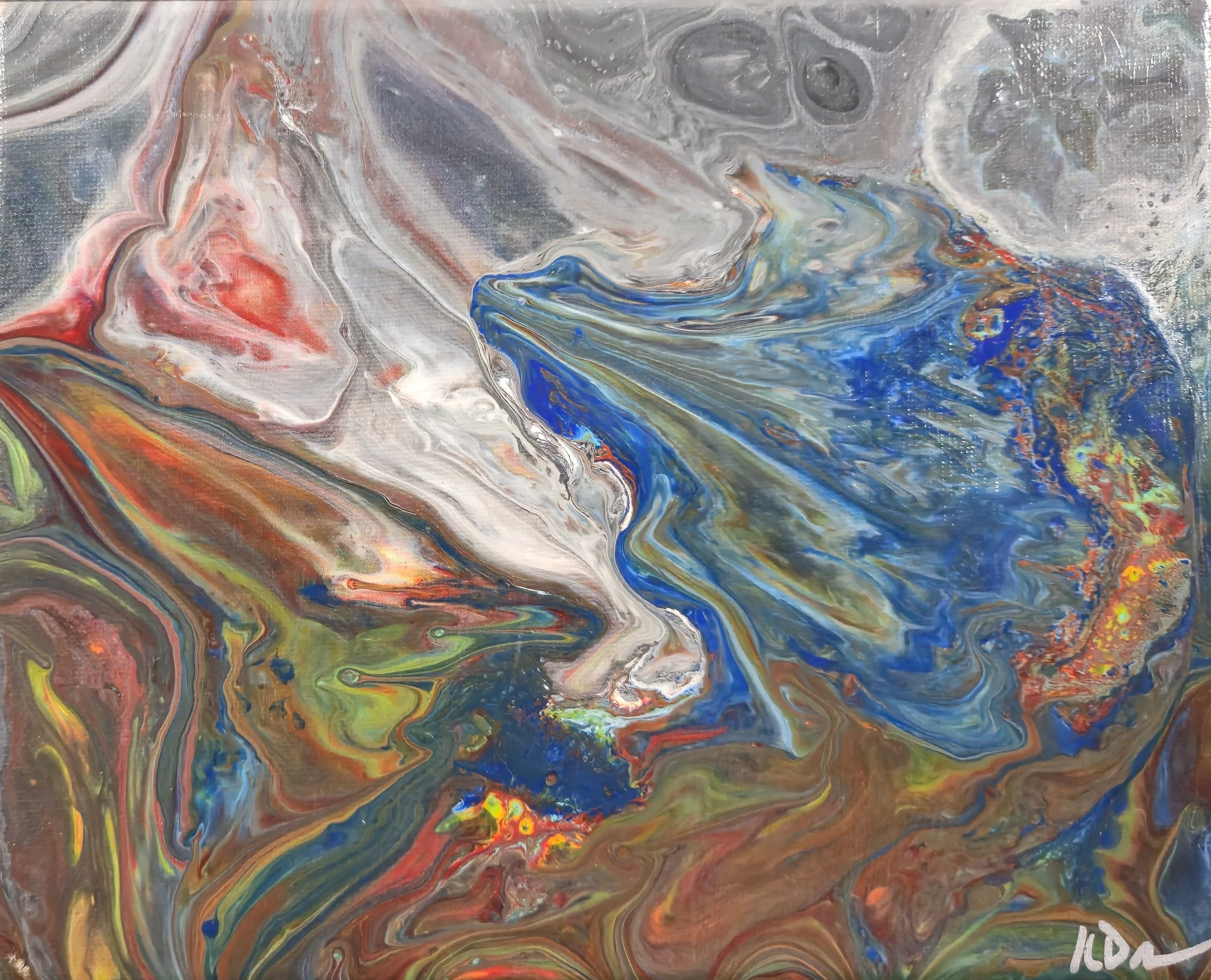 Abstract painting with swirling colors of blue, white, red, orange, and green, creating a marbled effect.