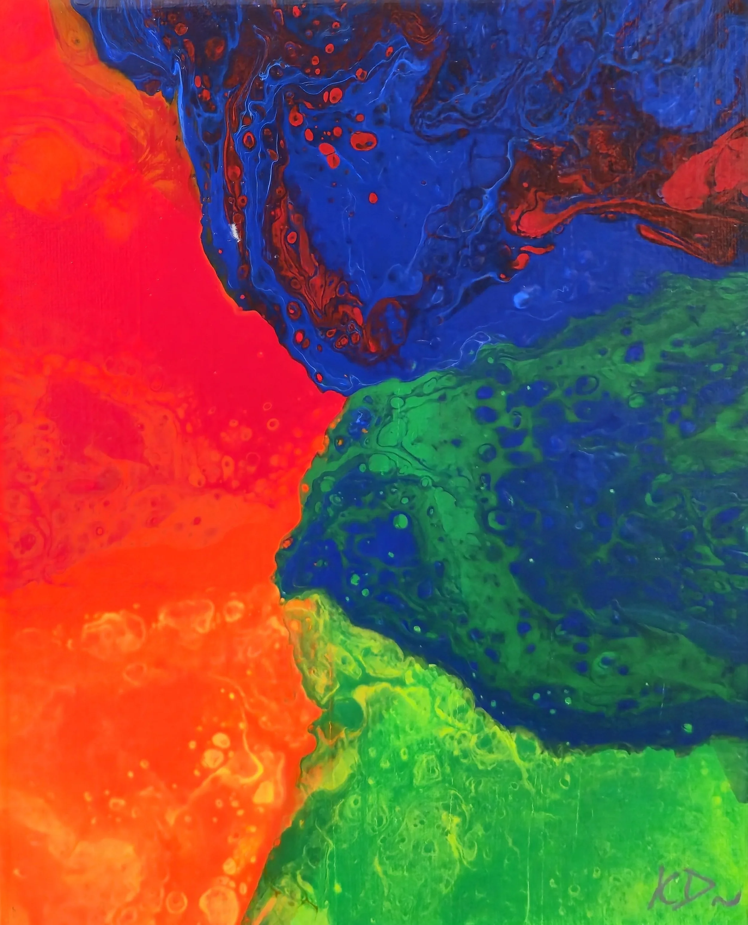 Abstract painting with vibrant colors, including orange, blue, green, and red, blending and swirling together.