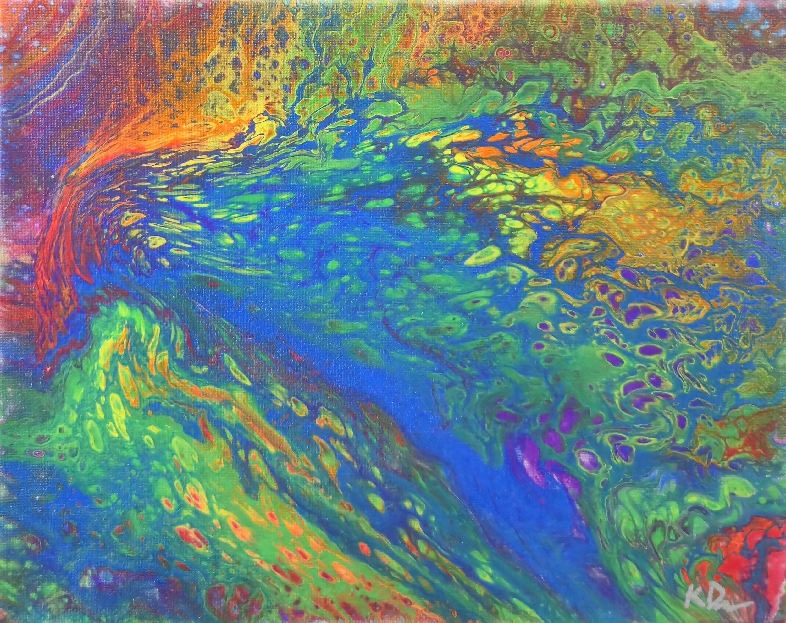 Abstract colorful painting with swirling patterns in shades of blue, green, yellow, orange, and purple.