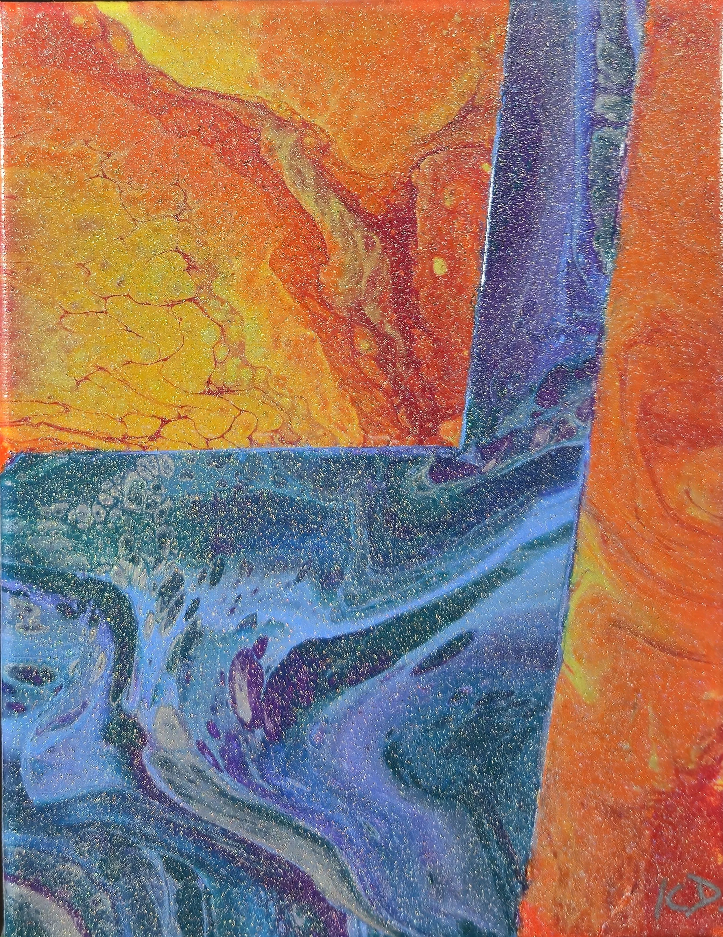 An abstract painting with swirling patterns and vibrant colors of orange, yellow, blue, and purple, resembling flowing liquid or fire.