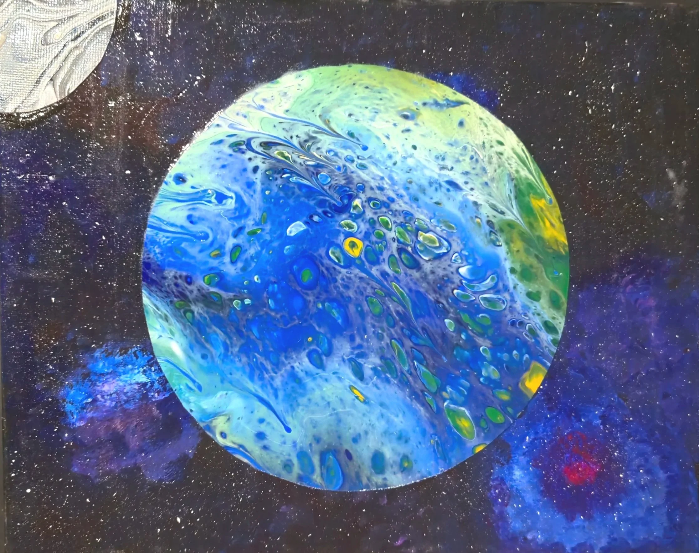 Abstract painting of a planet with swirling blue, green, yellow, and white colors against a starry space background.